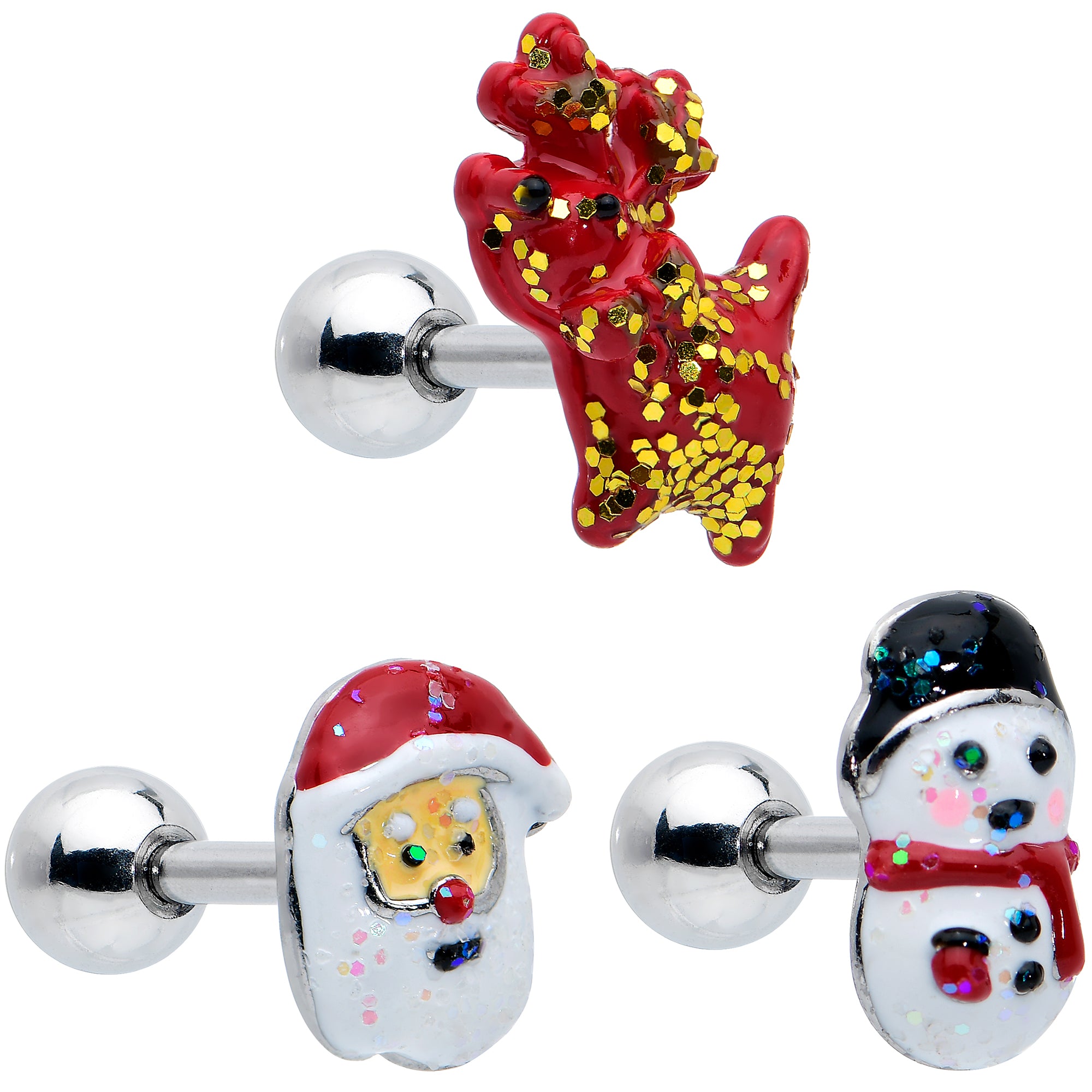16G 1/4 Reindeer Snowman Christmas Cartilage Earring Set of 3