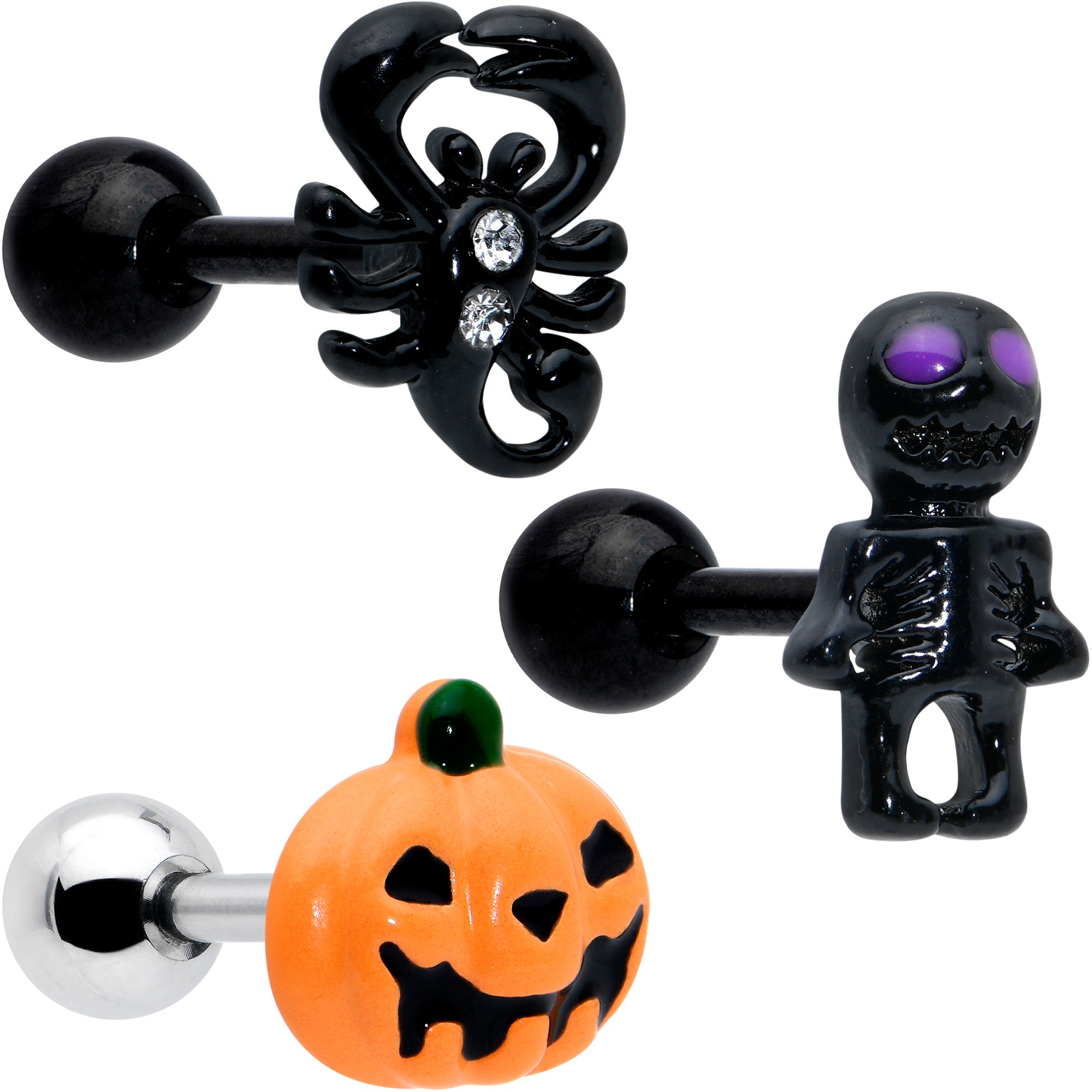 16G 1/4 Clear Gem Black Scorpion Pumpkin Cartilage Earring Set of 3