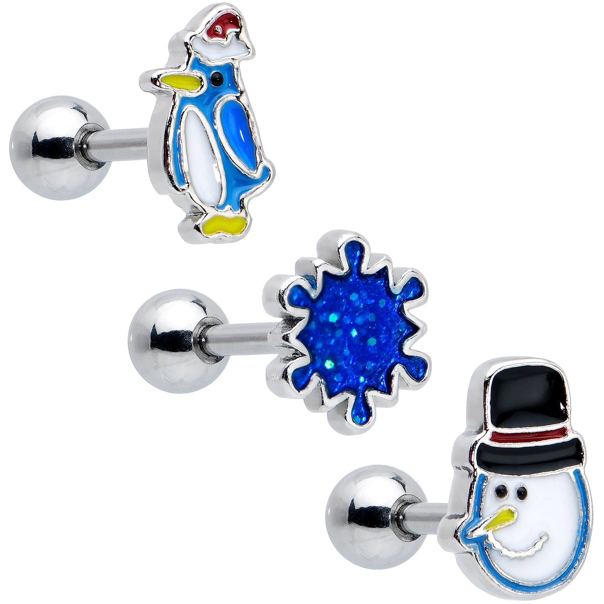 16G 1/4 Penguin Snowman Holiday Blue Cartilage Earring Set of 3