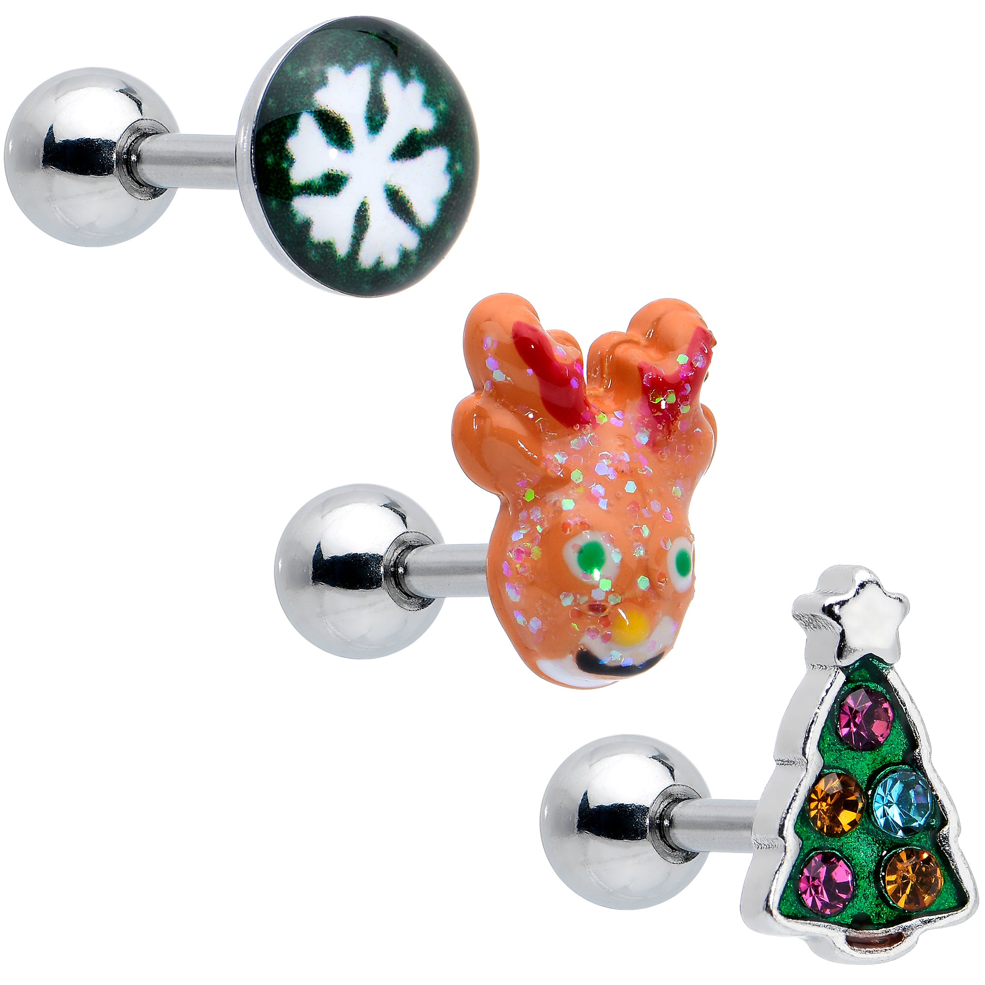 16G 1/4 Pink Gem Snowflake Christmas Cartilage Earring Set of 3