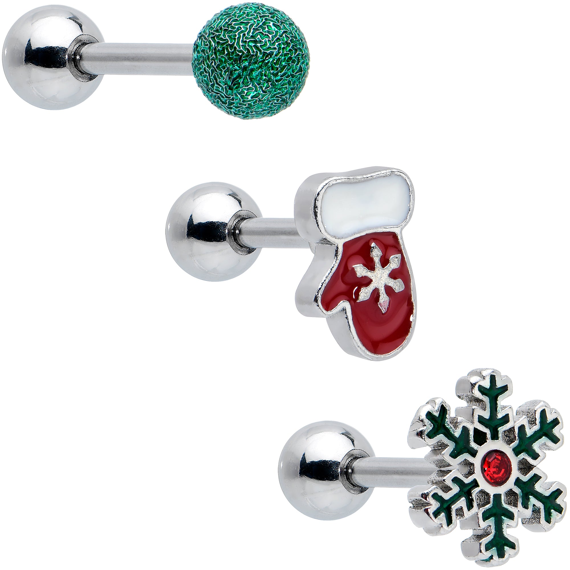 16G 1/4 Red Gem Mitten Snowflake Cartilage Tragus Earring Curation Set of 3
