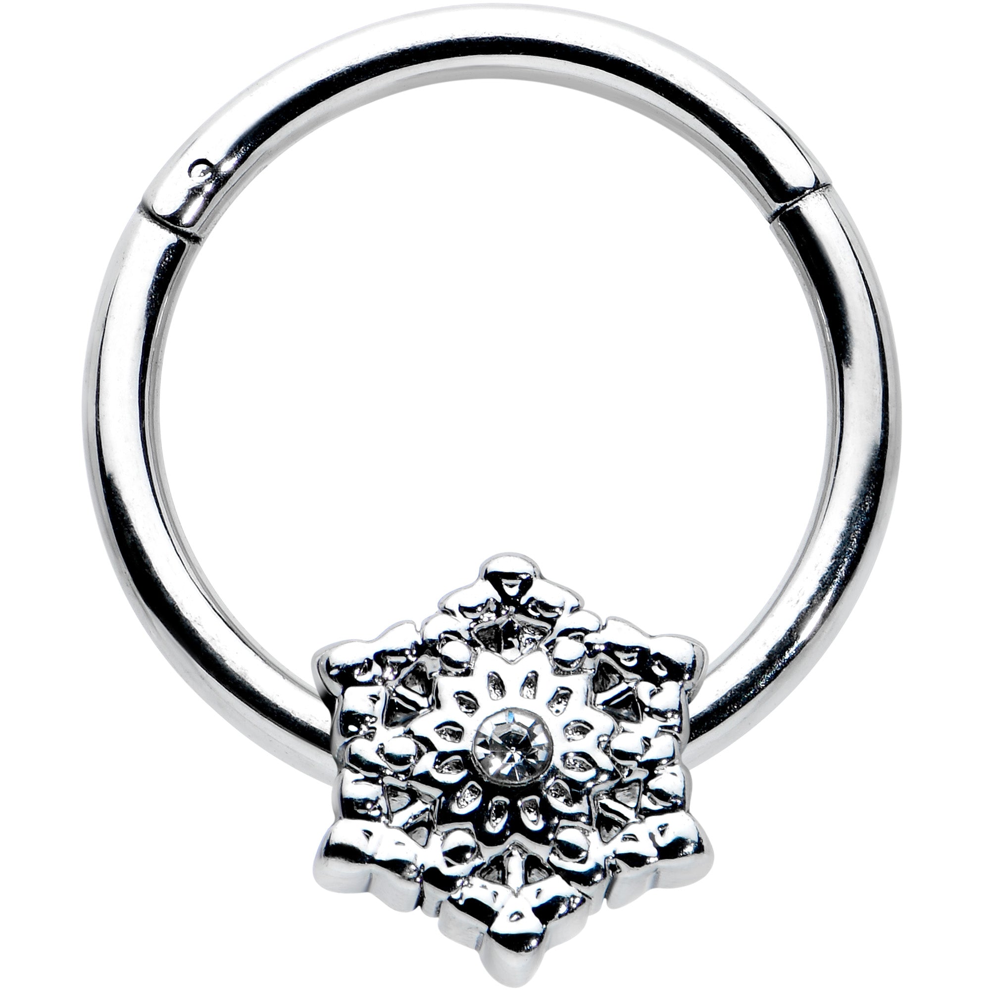 16G 3/8 Clear Gem Filigree Winter Snowflake Hinged Segment Ring