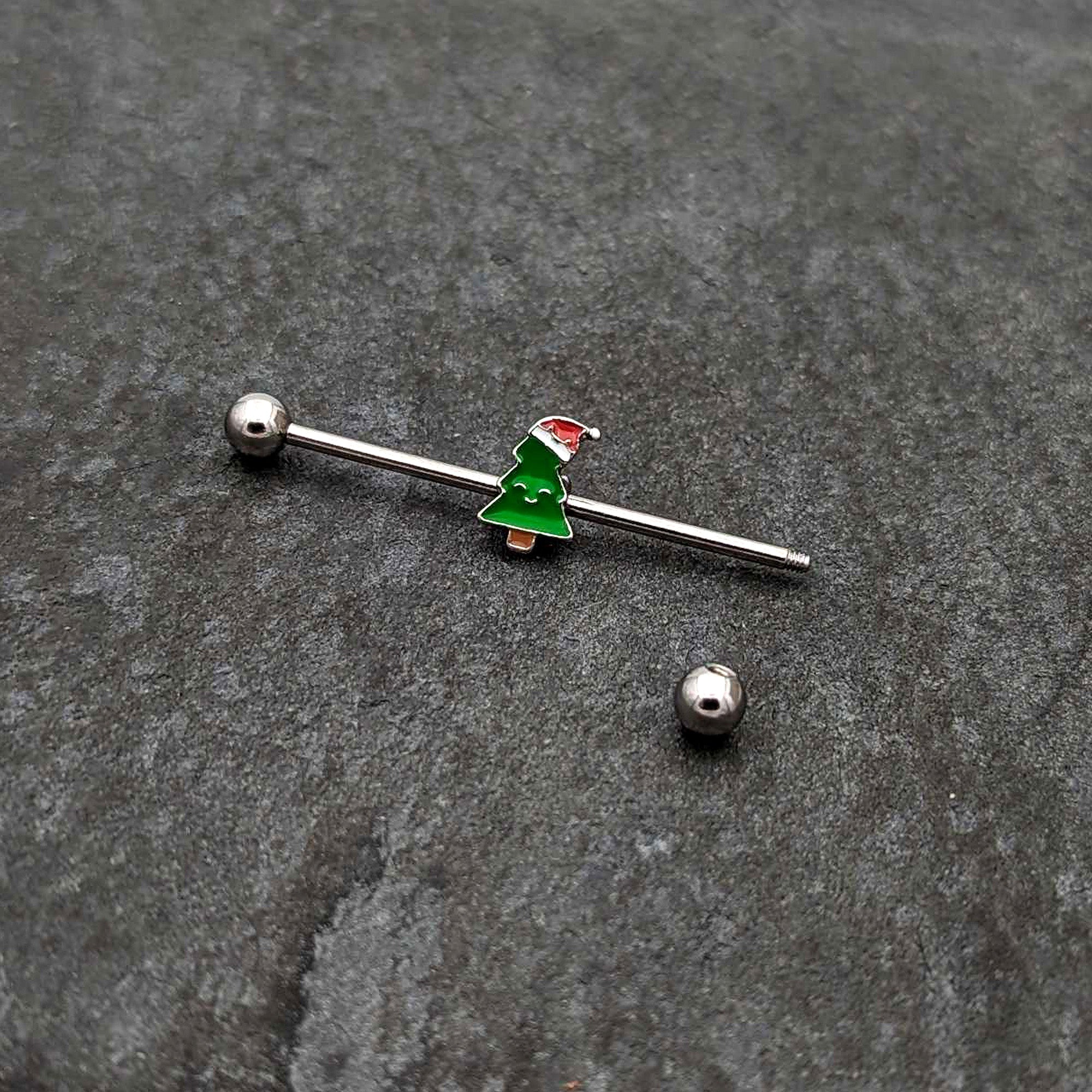 14G Happy Christmas Tree Hat Holiday Industrial Barbell 38mm
