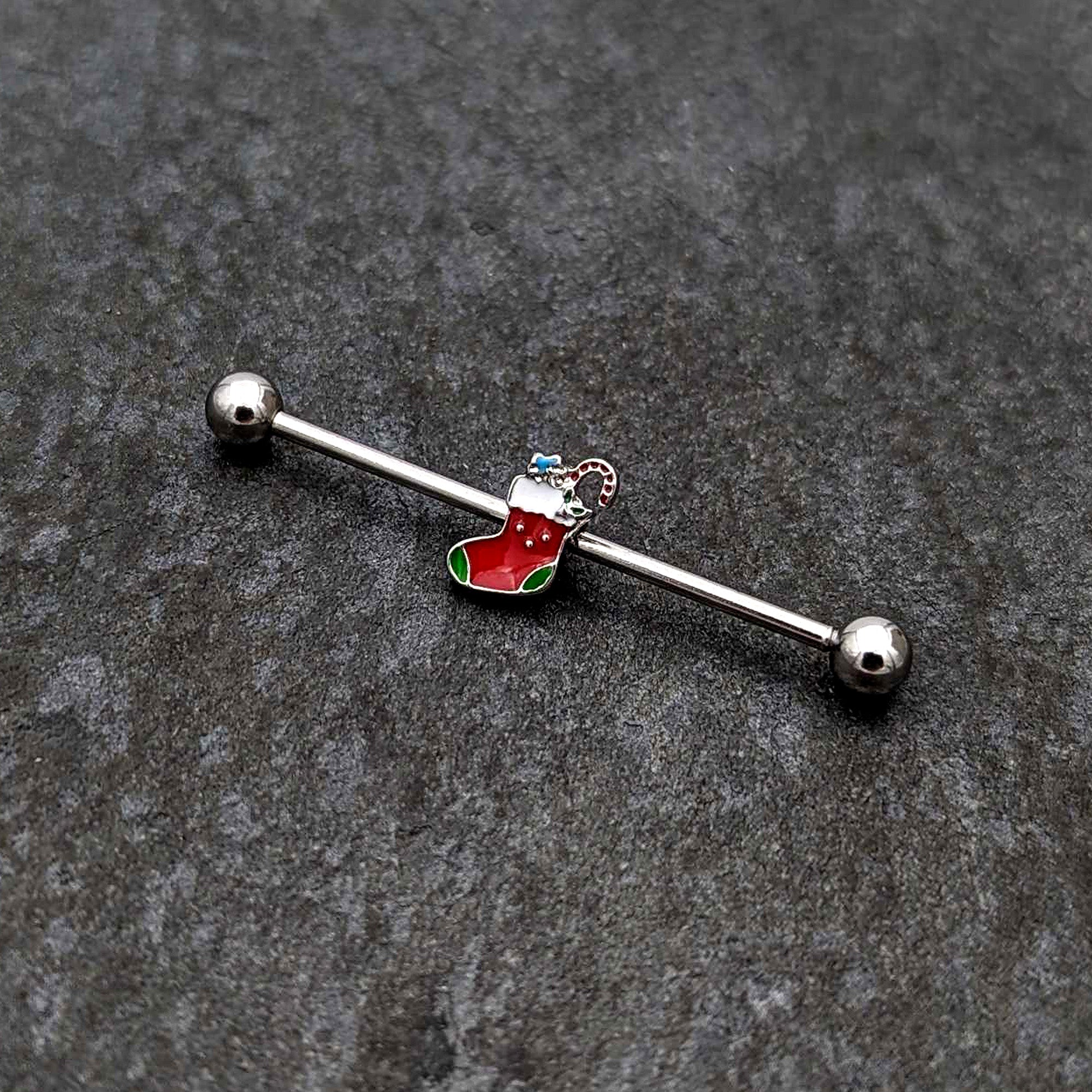 14G Happy Christmas Stocking Red Green Industrial Barbell 38mm