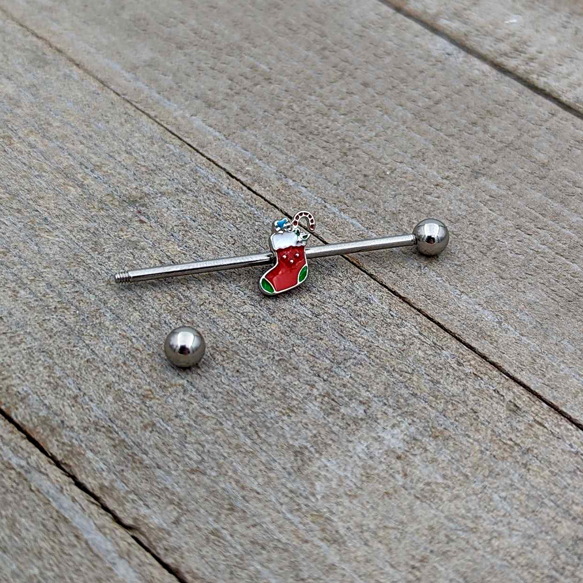 14G Happy Christmas Stocking Red Green Industrial Barbell 38mm