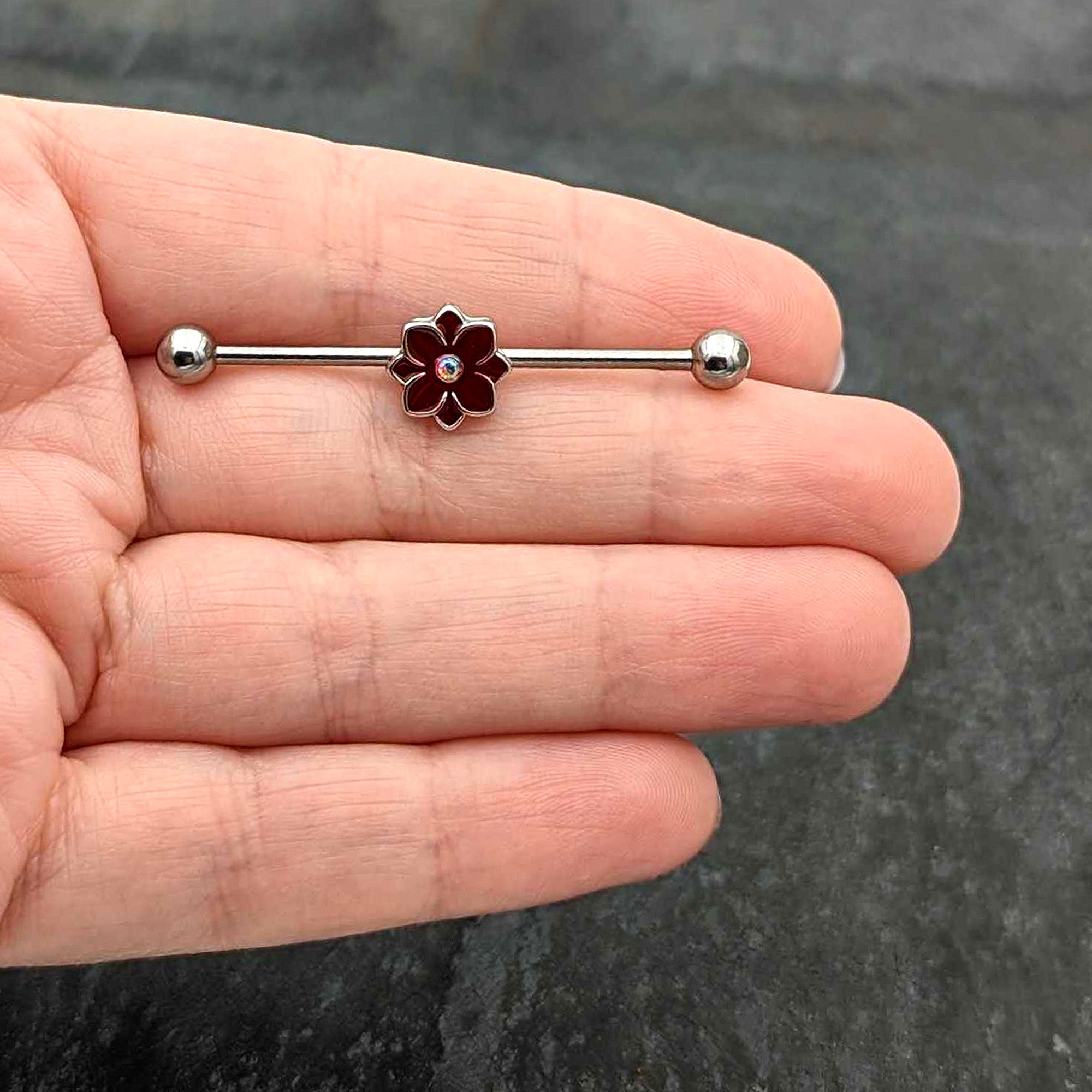 14G Aurora Gem Poinsettia Flower Festive Industrial Barbell 38mm