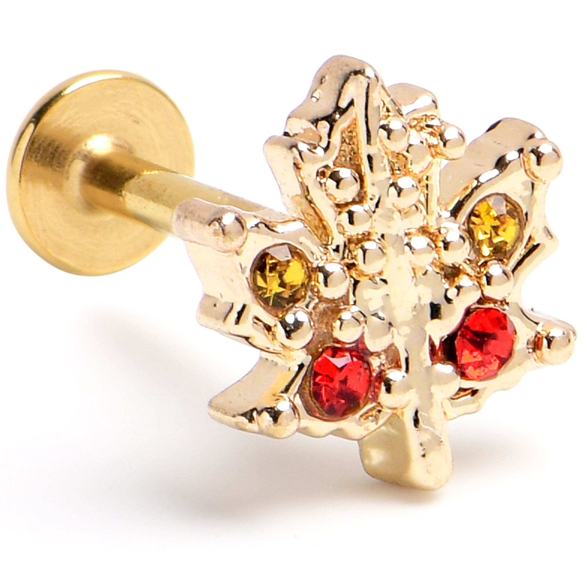 16G 5/16 Red Yellow Gem Gold Tone Maple Leaf Labret Monroe Tragus