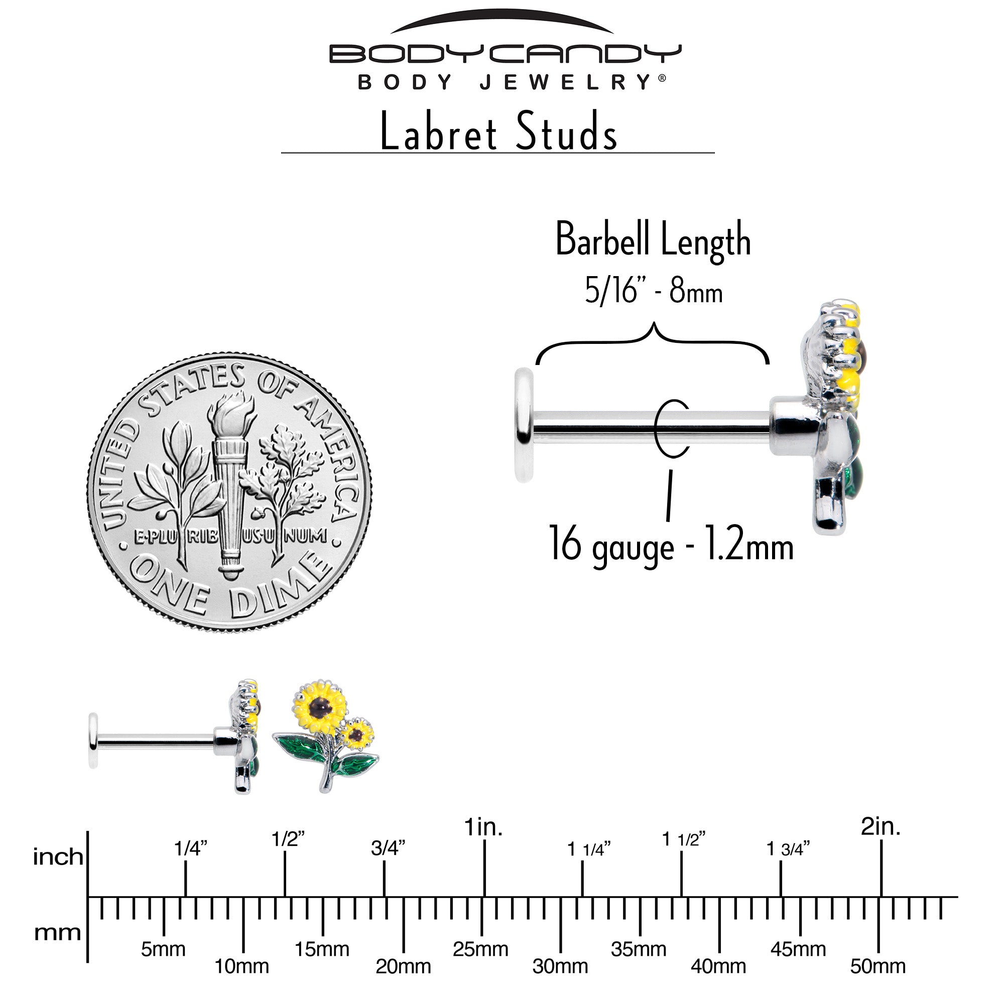 16G 5/16 Cheery Inlay Sunflowers Labret Monroe Tragus