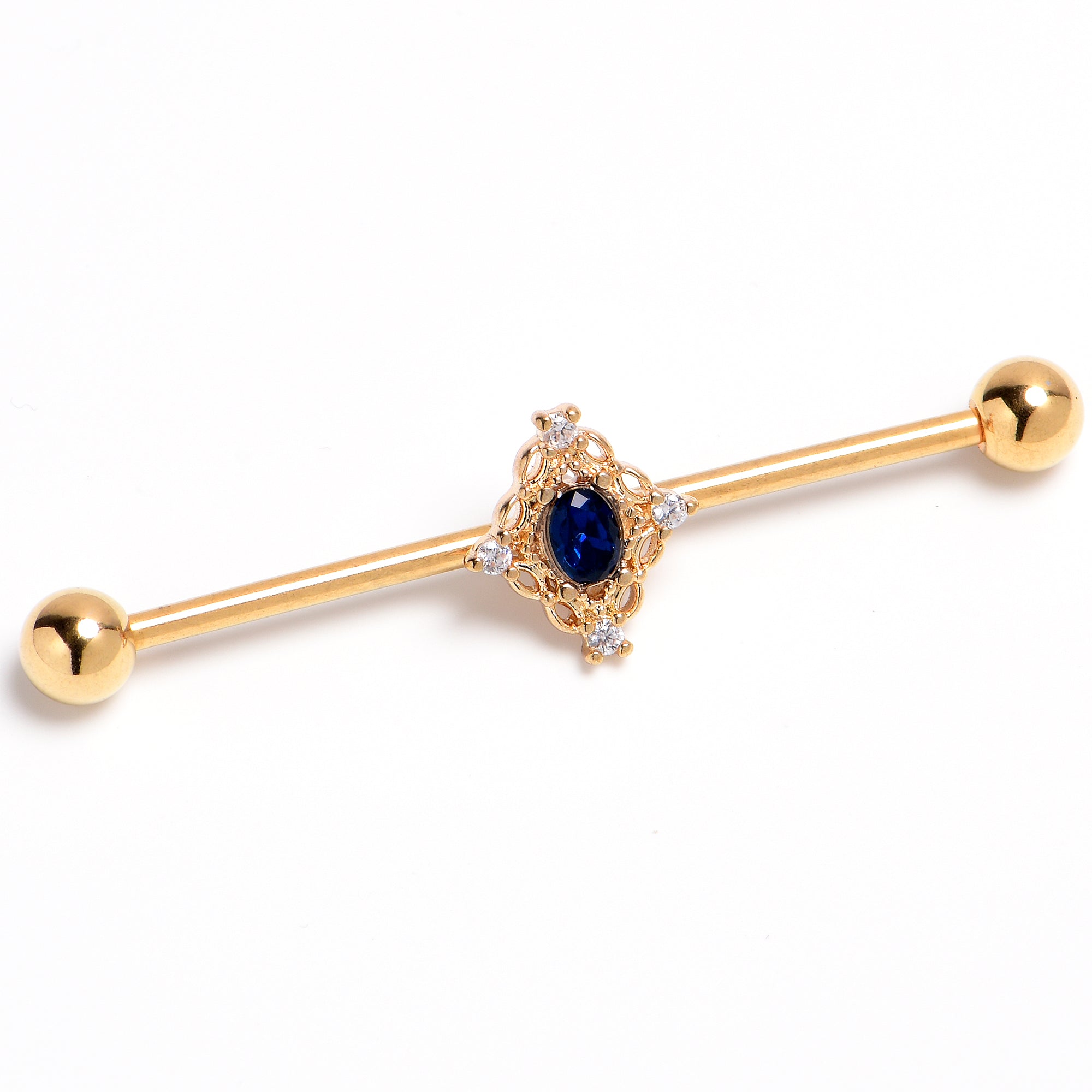 14G Blue Gem Gold Tone Filigree Rhombus Industrial Barbell 38mm