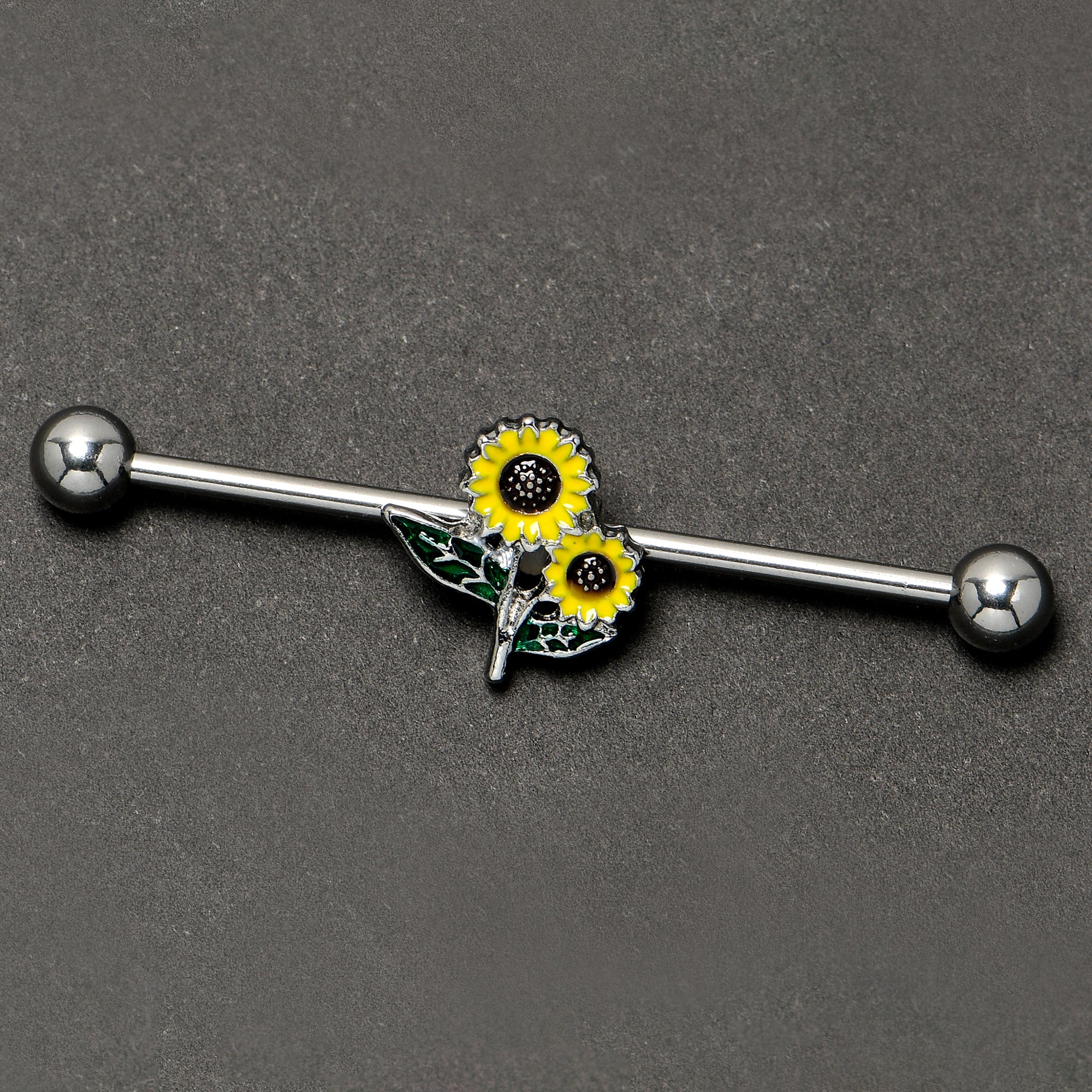 14G Cheery Inlay Sunflowers Industrial Barbell 38mm