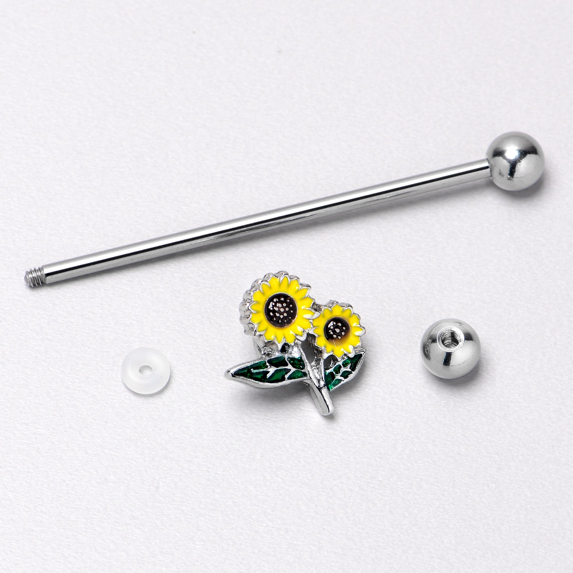 14G Cheery Inlay Sunflowers Industrial Barbell 38mm