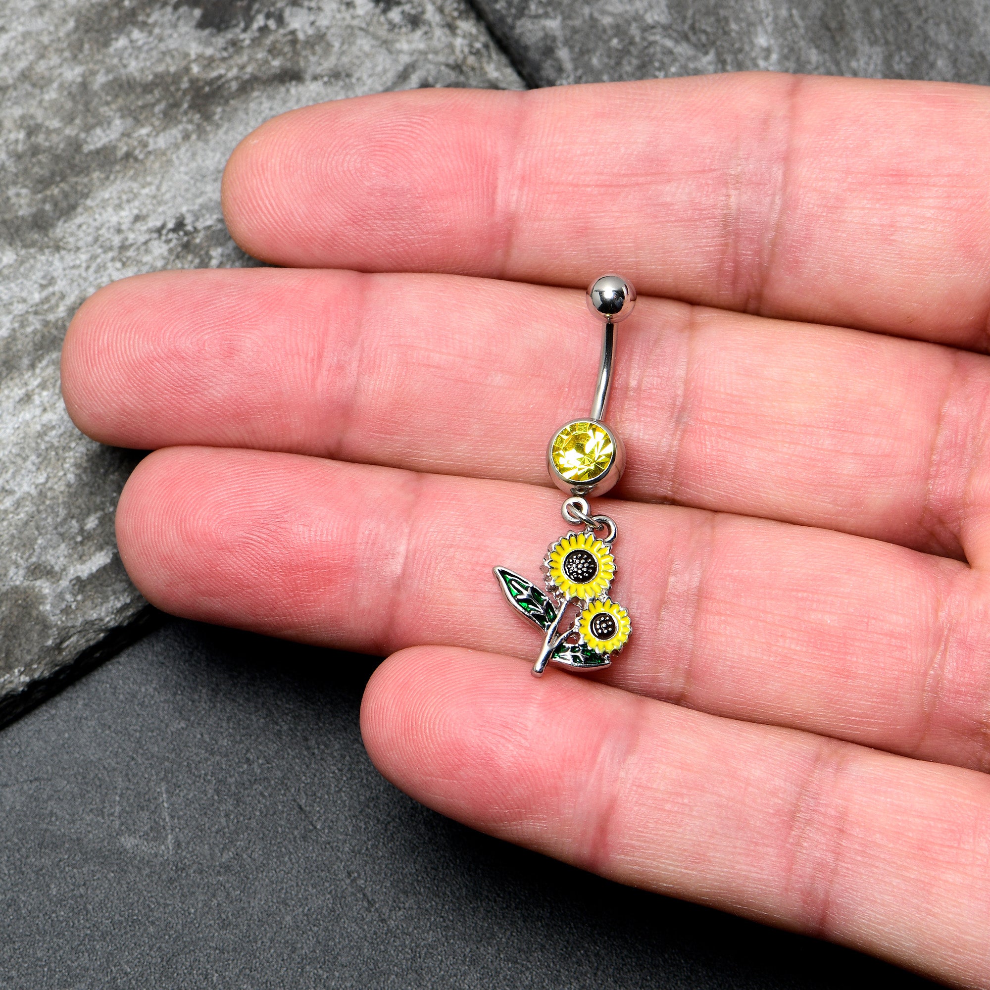 Yellow Gem Cheery Inlay Sunflowers Dangle Belly Ring