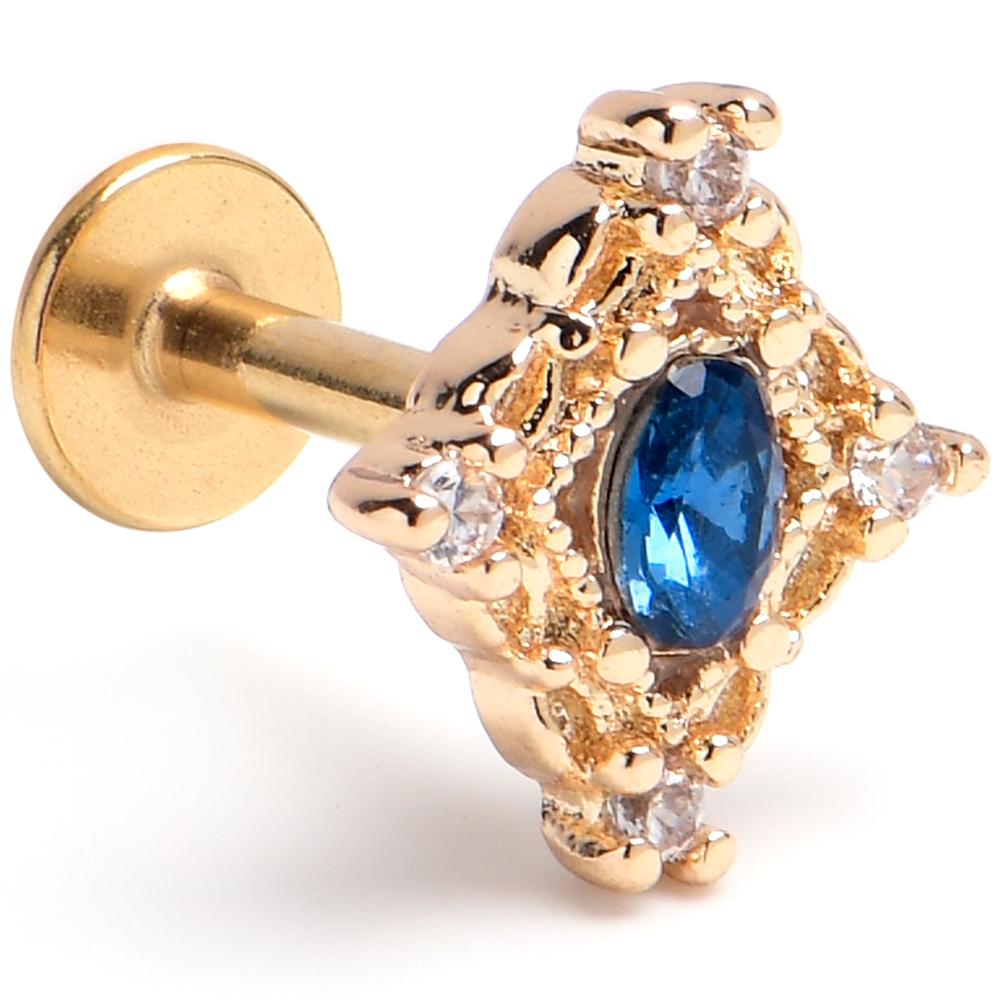 16G 1/4 Blue Gem Gold Tone Rich Rhombus Labret