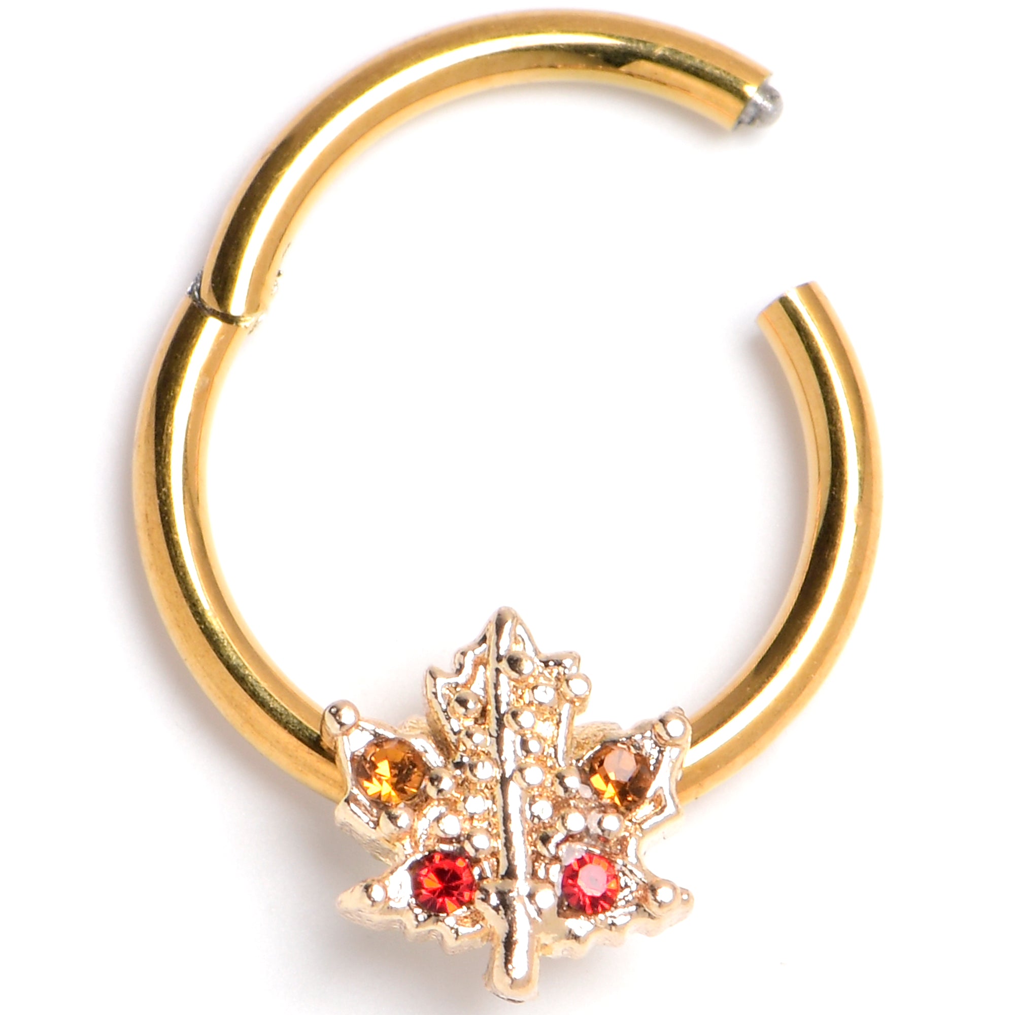 16G 3/8 Red Yellow Gem Gold Tone Maple Leaf Hinged Segment Ring