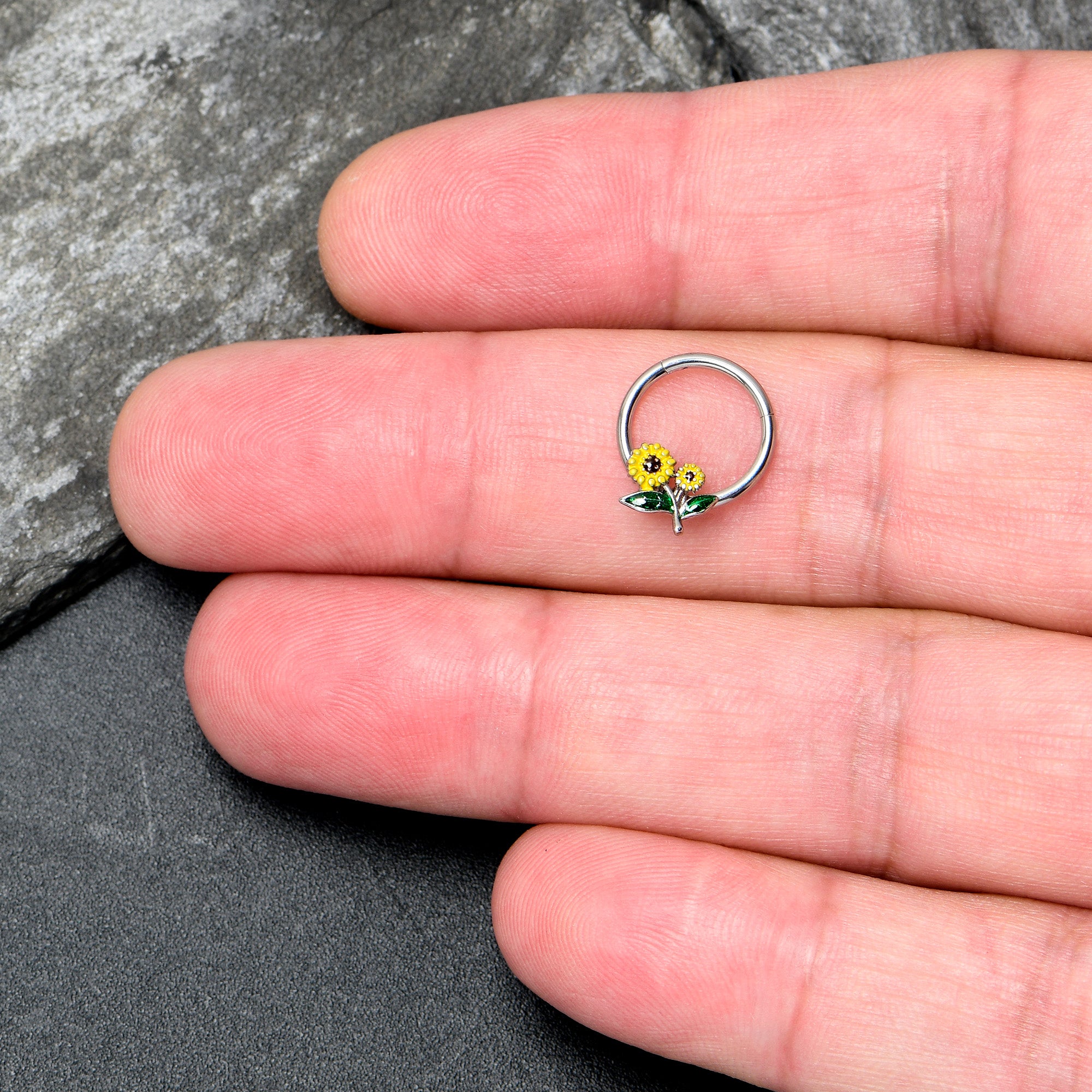 16G 3/8 Cheery Inlay Sunflowers Hinged Segment Ring