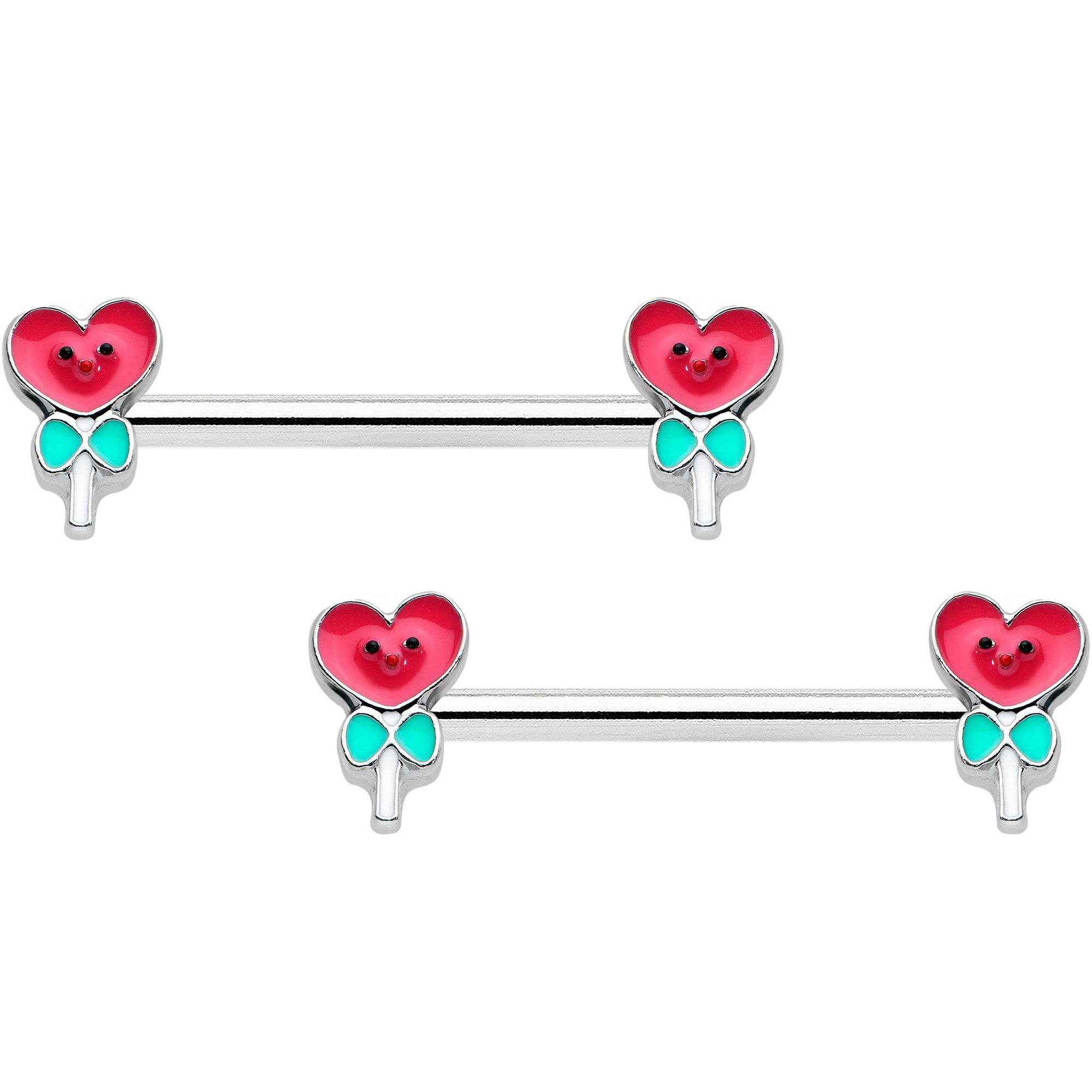 14G 9/16 Sweet Happy Heart Lollipop Barbell Nipple Ring Set