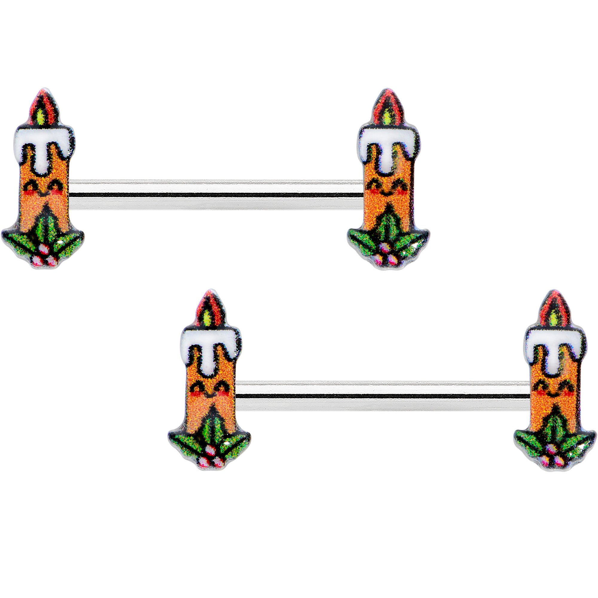 14G 9/16 Sweet Holiday Christmas Candle Barbell Nipple Ring Set