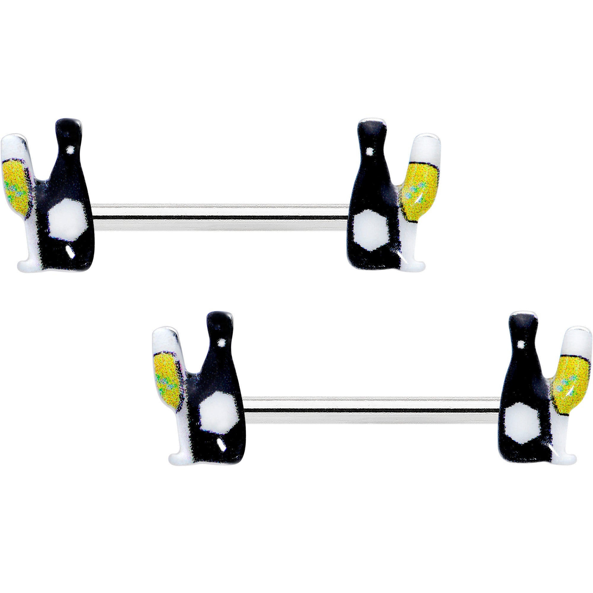 14G 9/16 Champagne Bottle Flute Yellow Barbell Nipple Ring Set