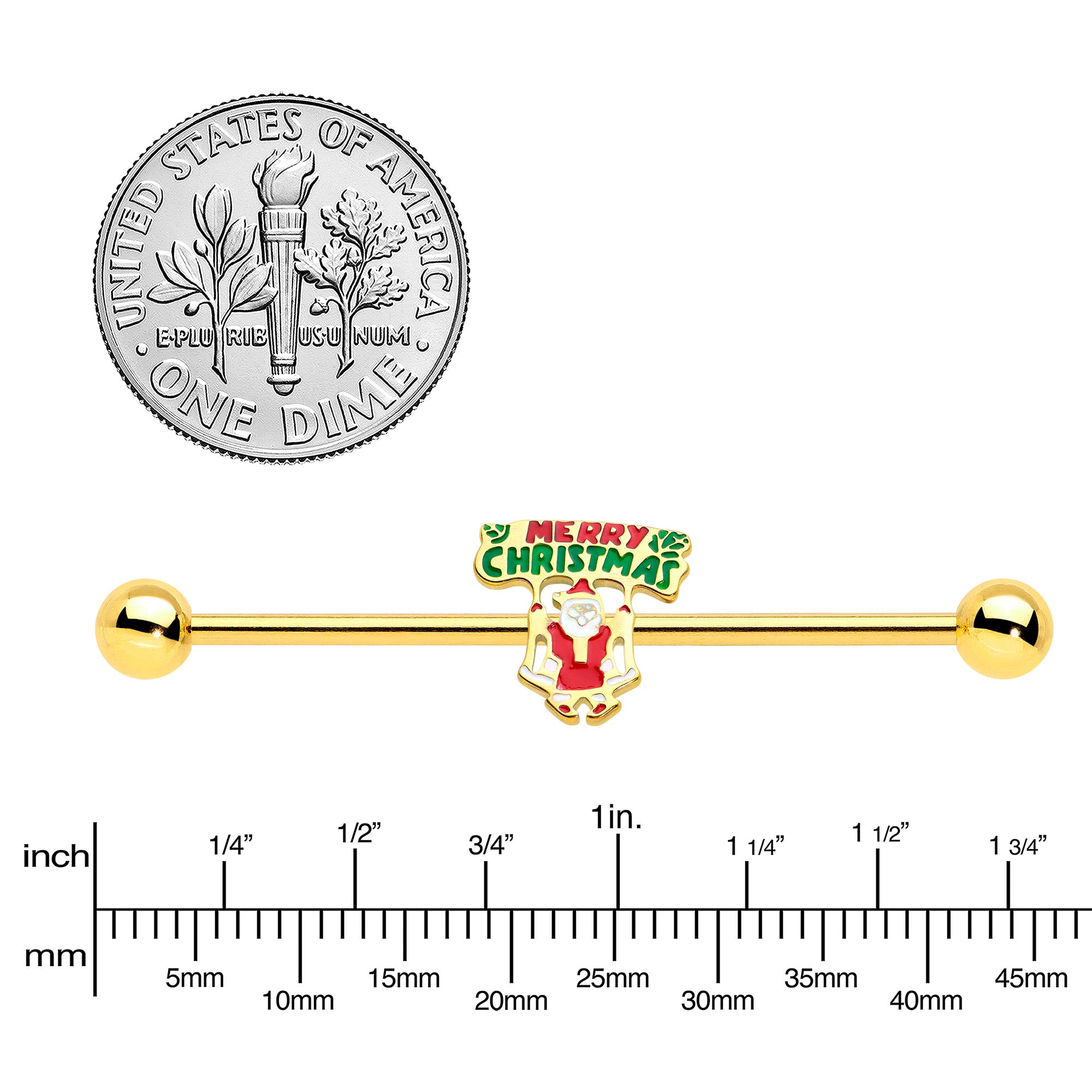 14G Gold Hue Merry Christmas Santa Inlaid Industrial Barbell 38mm
