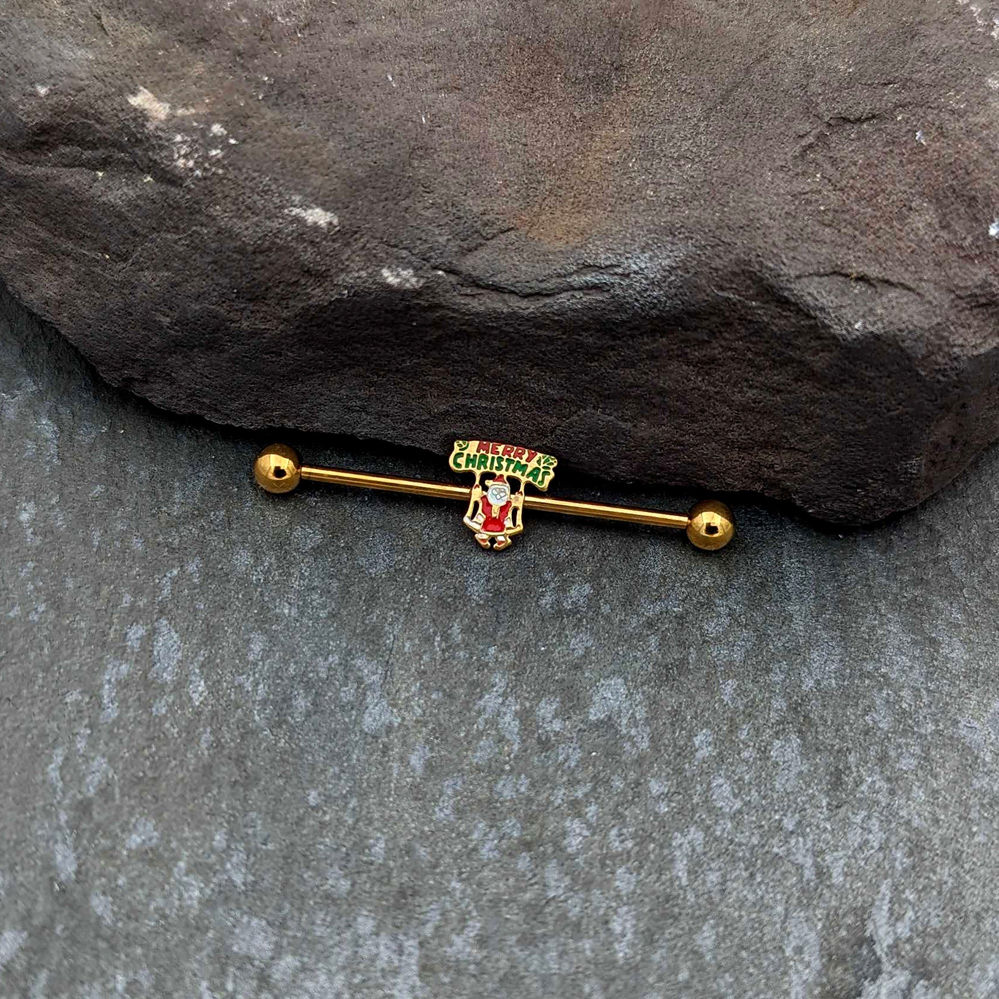 14G Gold Hue Merry Christmas Santa Inlaid Industrial Barbell 38mm