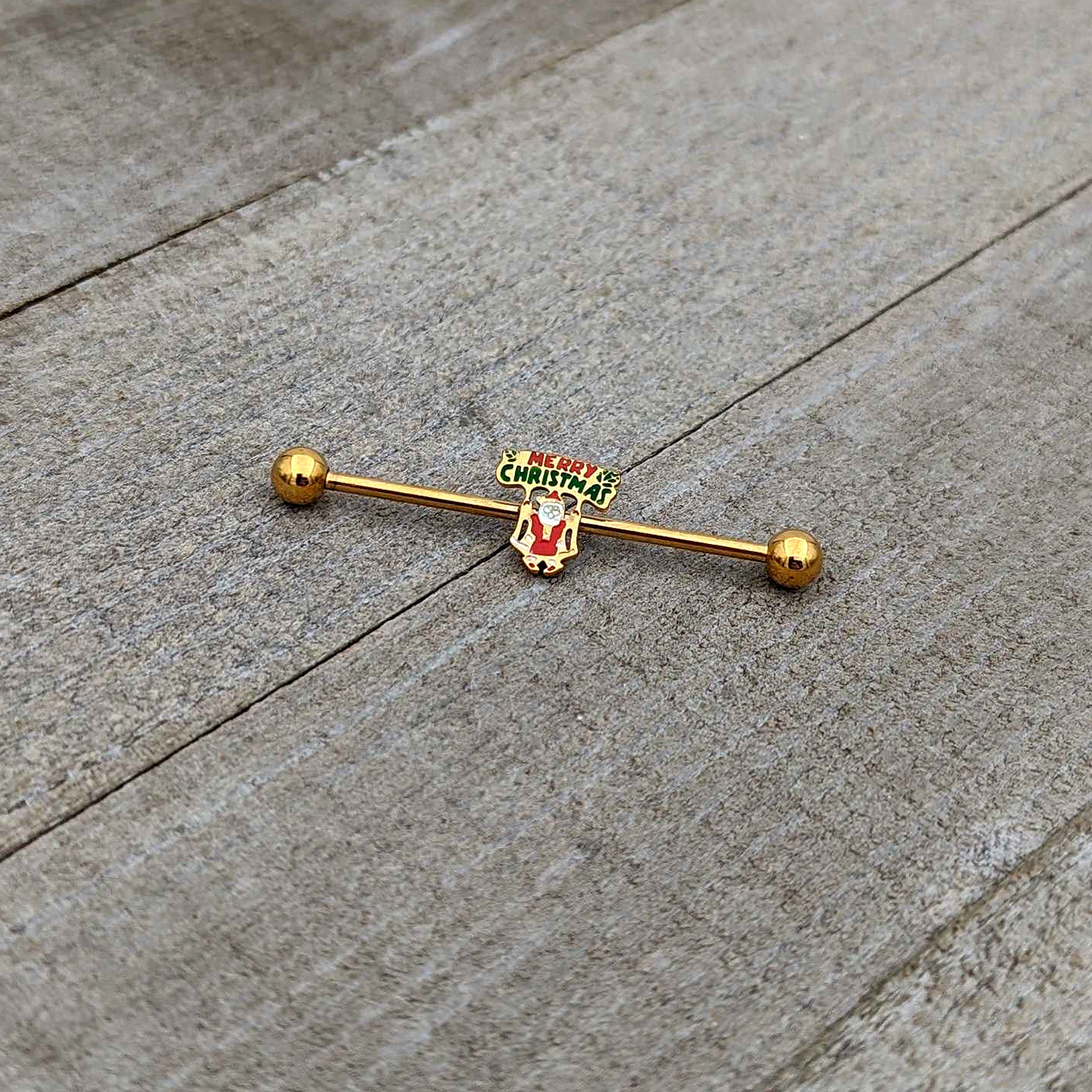 14G Gold Hue Merry Christmas Santa Inlaid Industrial Barbell 38mm