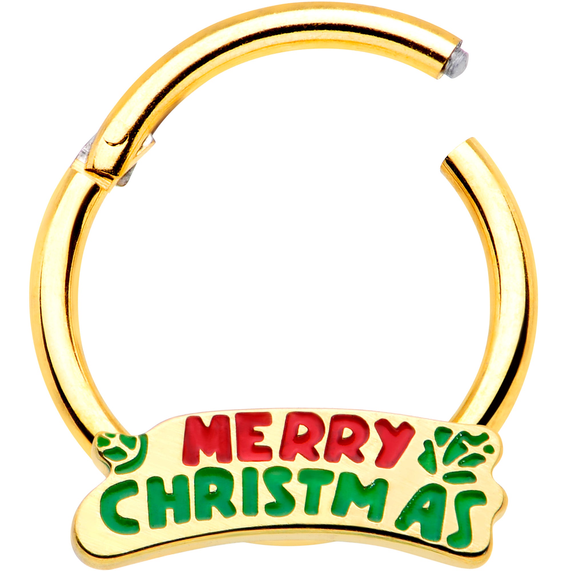 16G 3/8 Gold Tone Merry Christmas Inlay Hinged Segment Ring