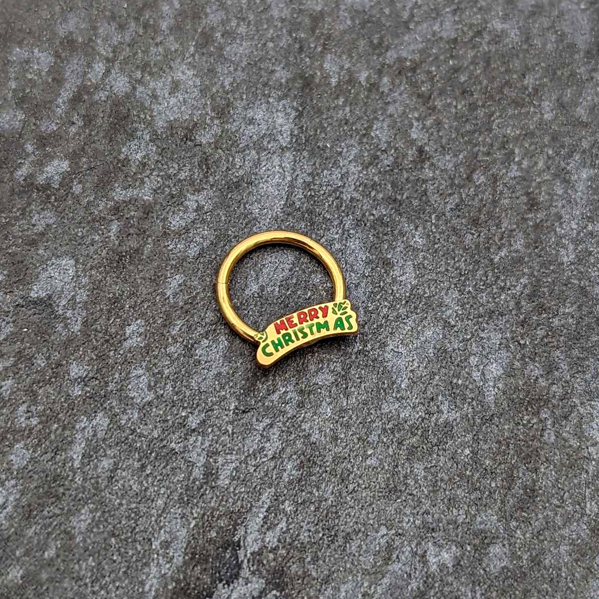 16G 3/8 Gold Tone Merry Christmas Inlay Hinged Segment Ring