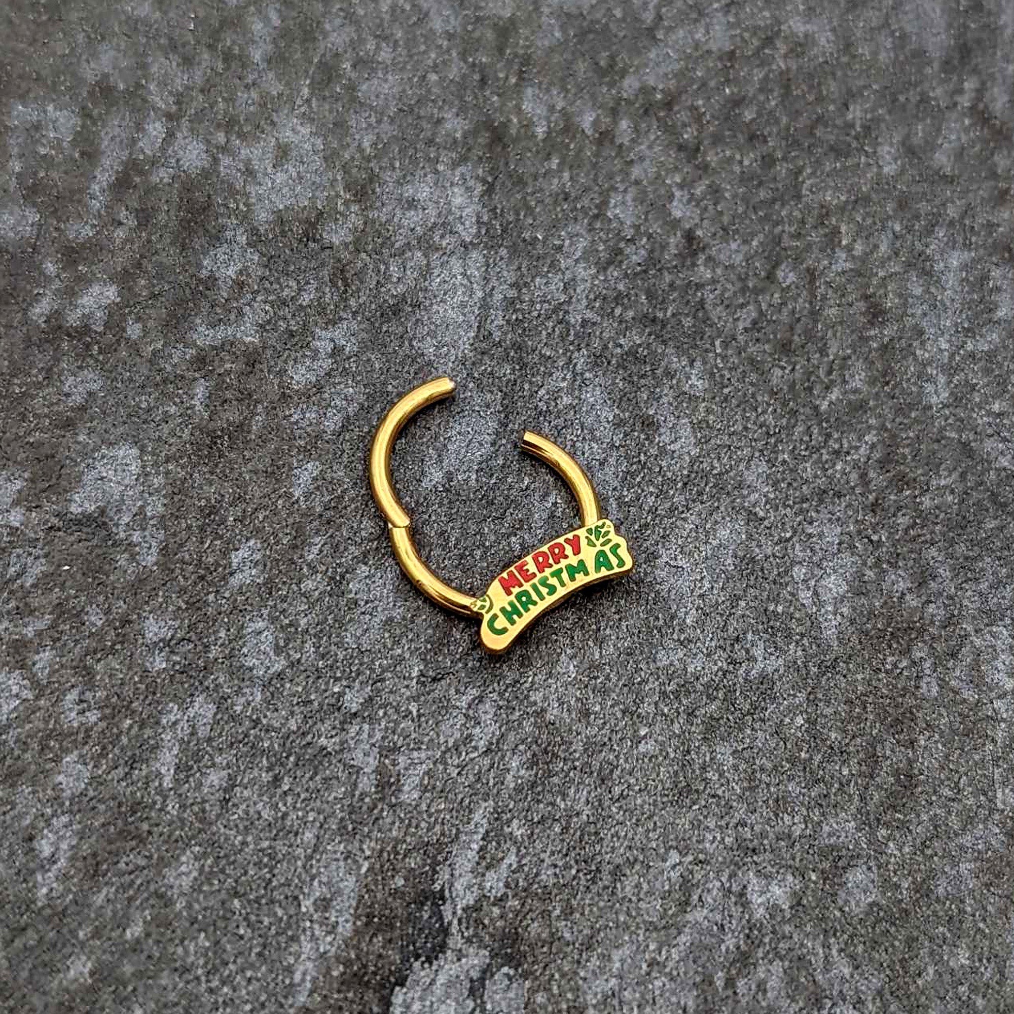 16G 3/8 Gold Tone Merry Christmas Inlay Hinged Segment Ring