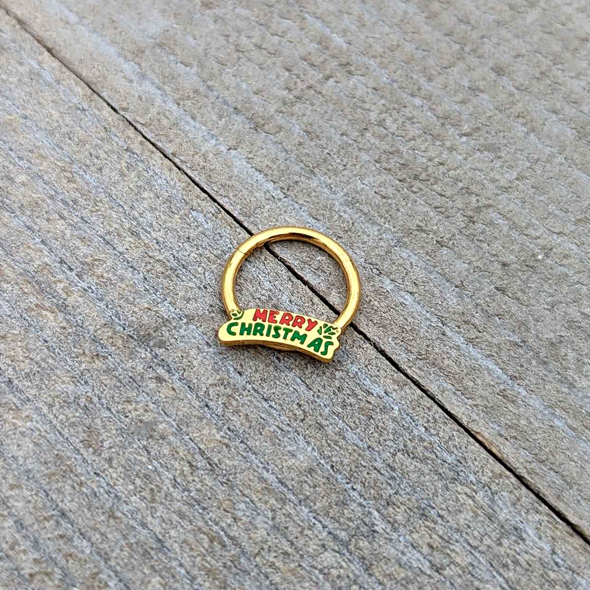 16G 3/8 Gold Tone Merry Christmas Inlay Hinged Segment Ring
