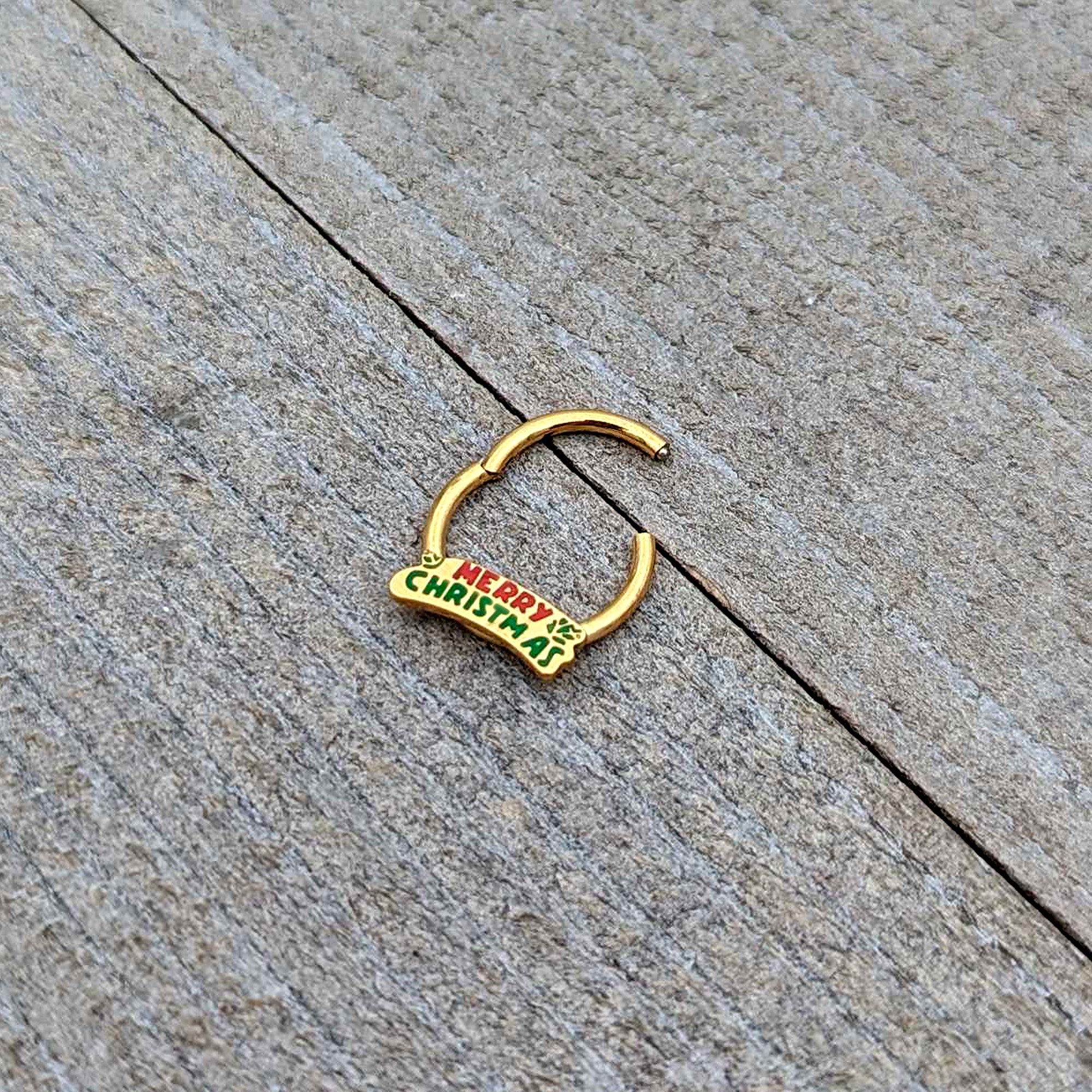 16G 3/8 Gold Tone Merry Christmas Inlay Hinged Segment Ring