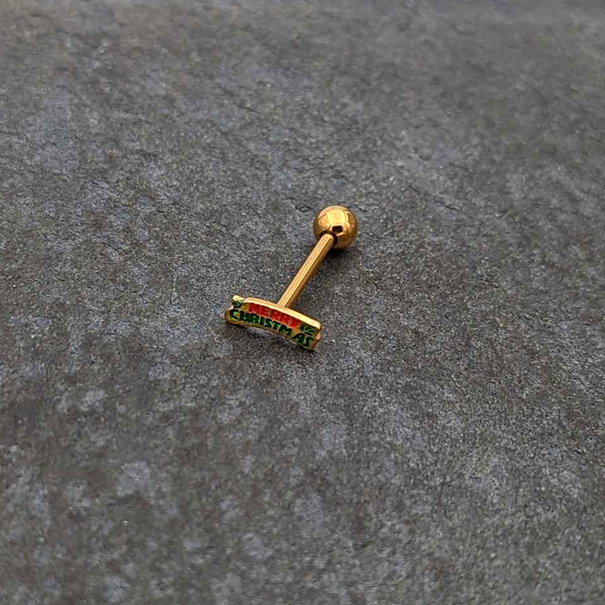 Gold Tone Merry Christmas Inlaid Red Green Barbell Tongue Ring