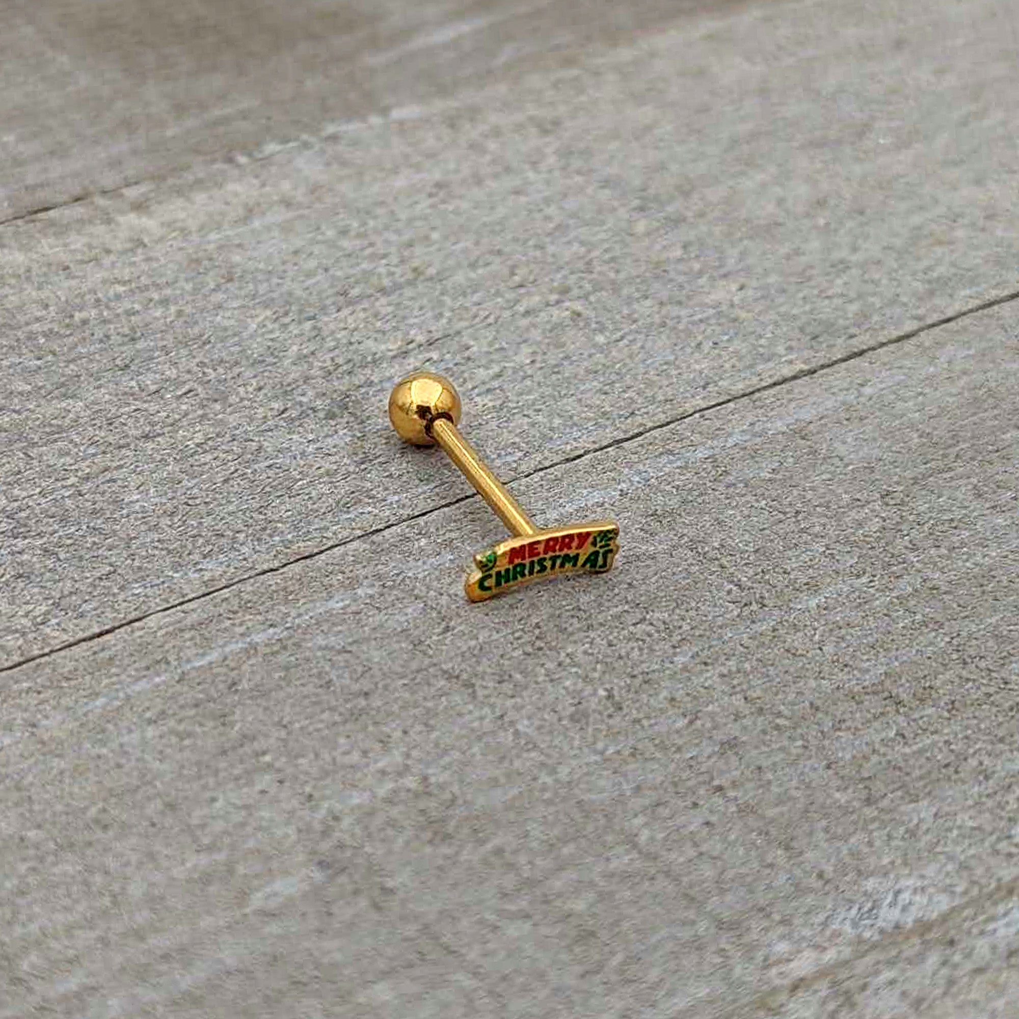 Gold Tone Merry Christmas Inlaid Red Green Barbell Tongue Ring