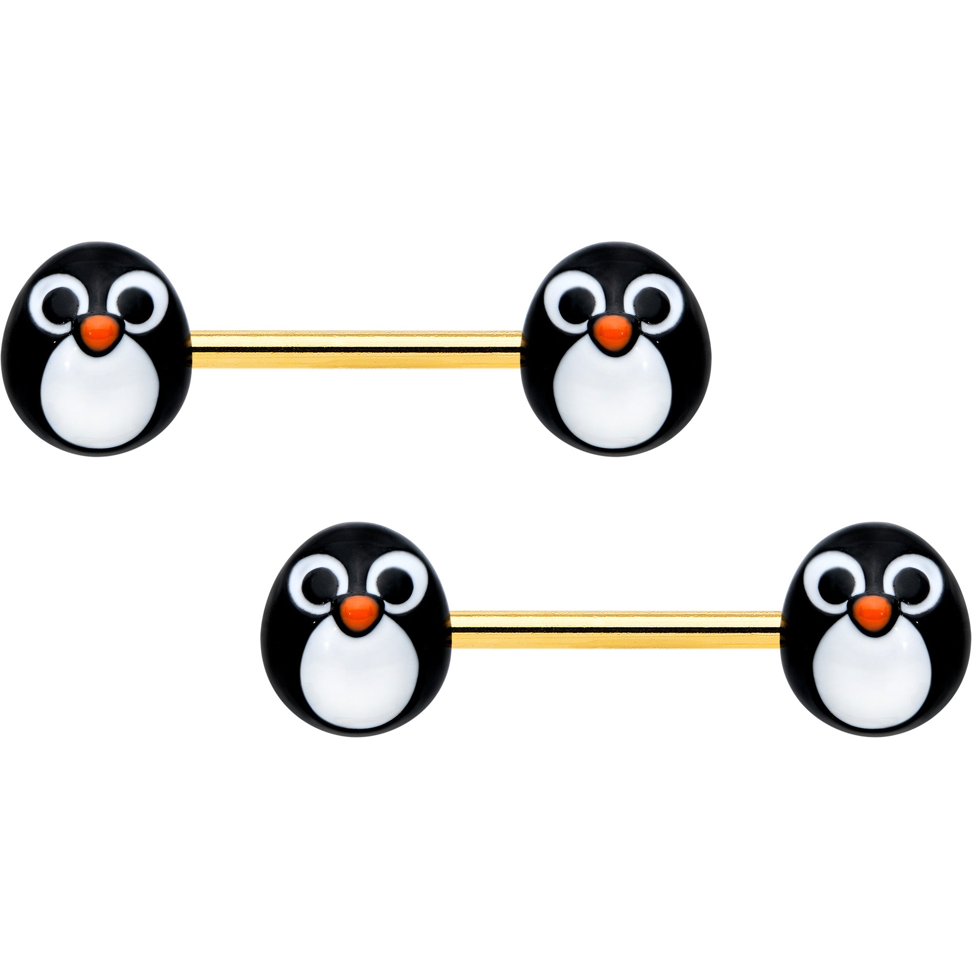 14G 9/16 Gold Tone Round Penguin Face Barbell Nipple Ring Set