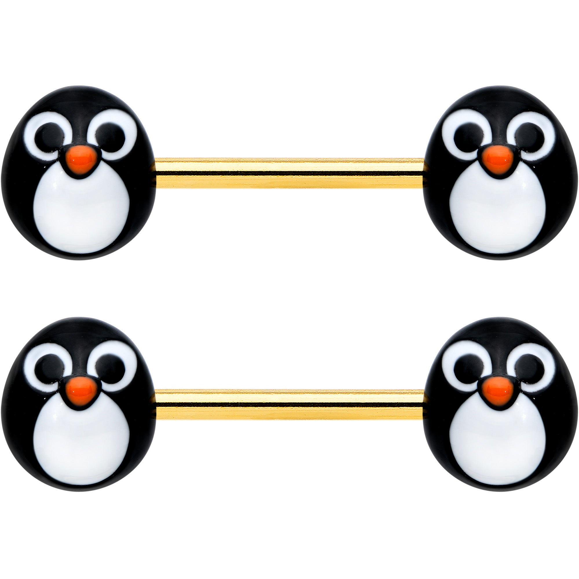 14G 9/16 Gold Tone Round Penguin Face Barbell Nipple Ring Set