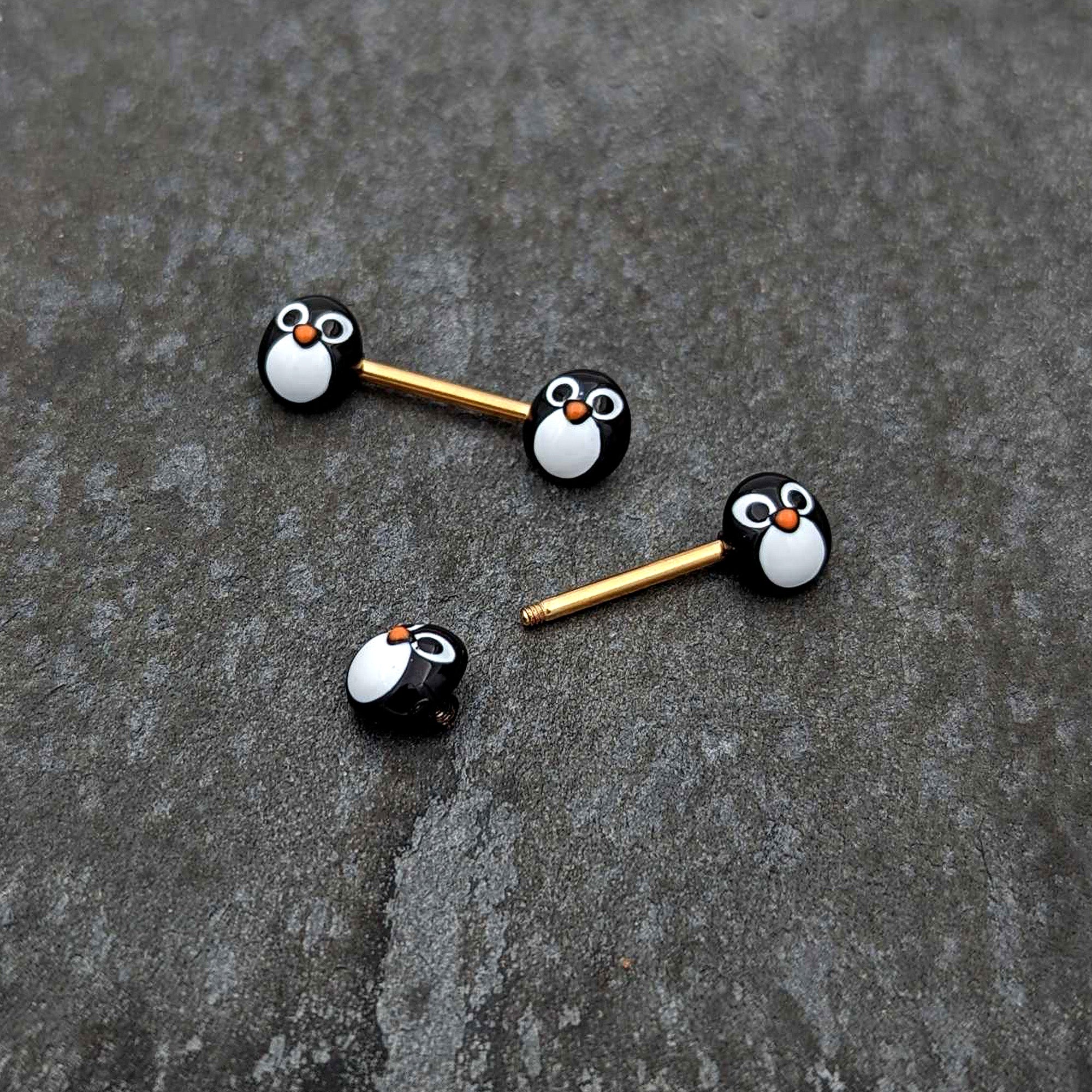 14G 9/16 Gold Tone Round Penguin Face Barbell Nipple Ring Set