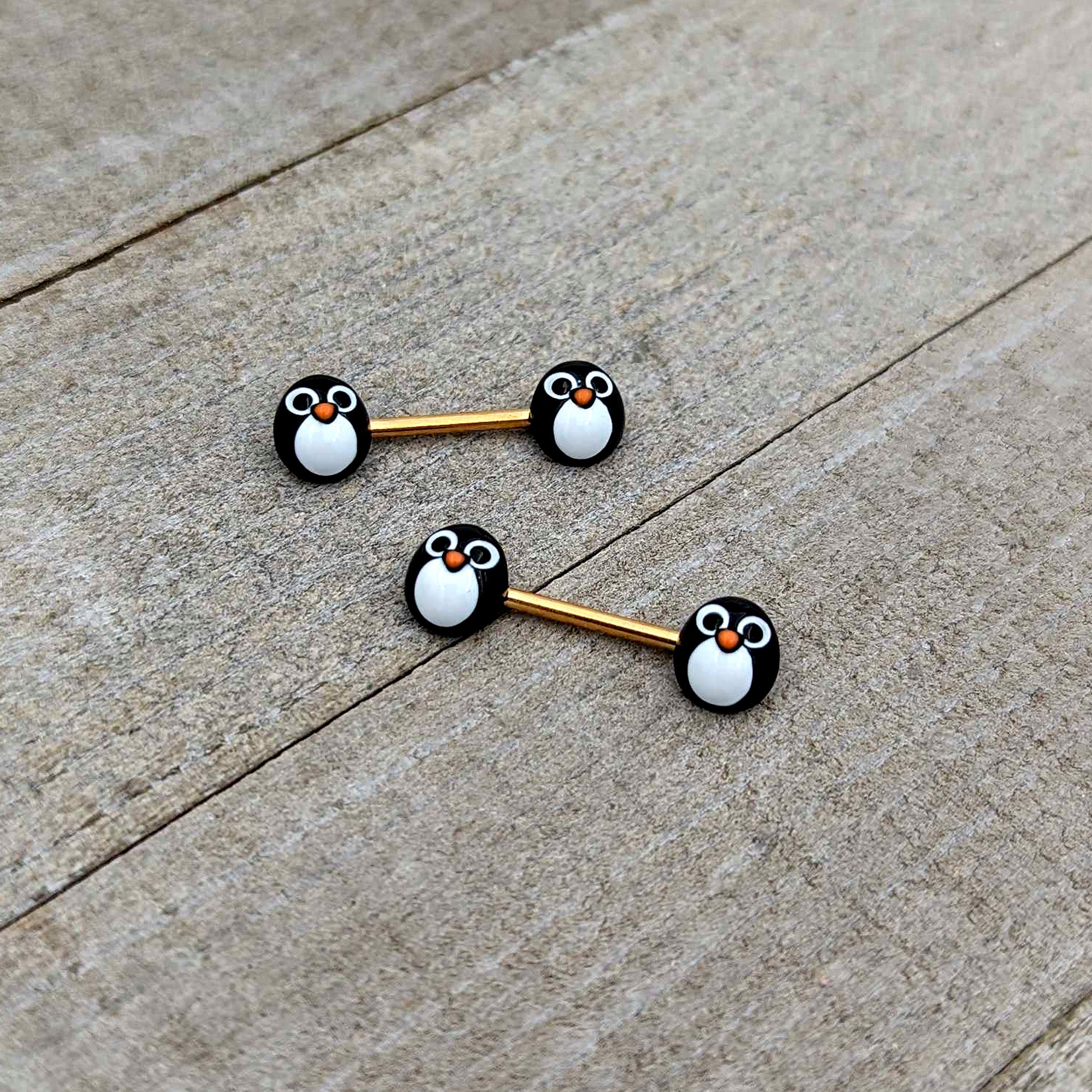 14G 9/16 Gold Tone Round Penguin Face Barbell Nipple Ring Set