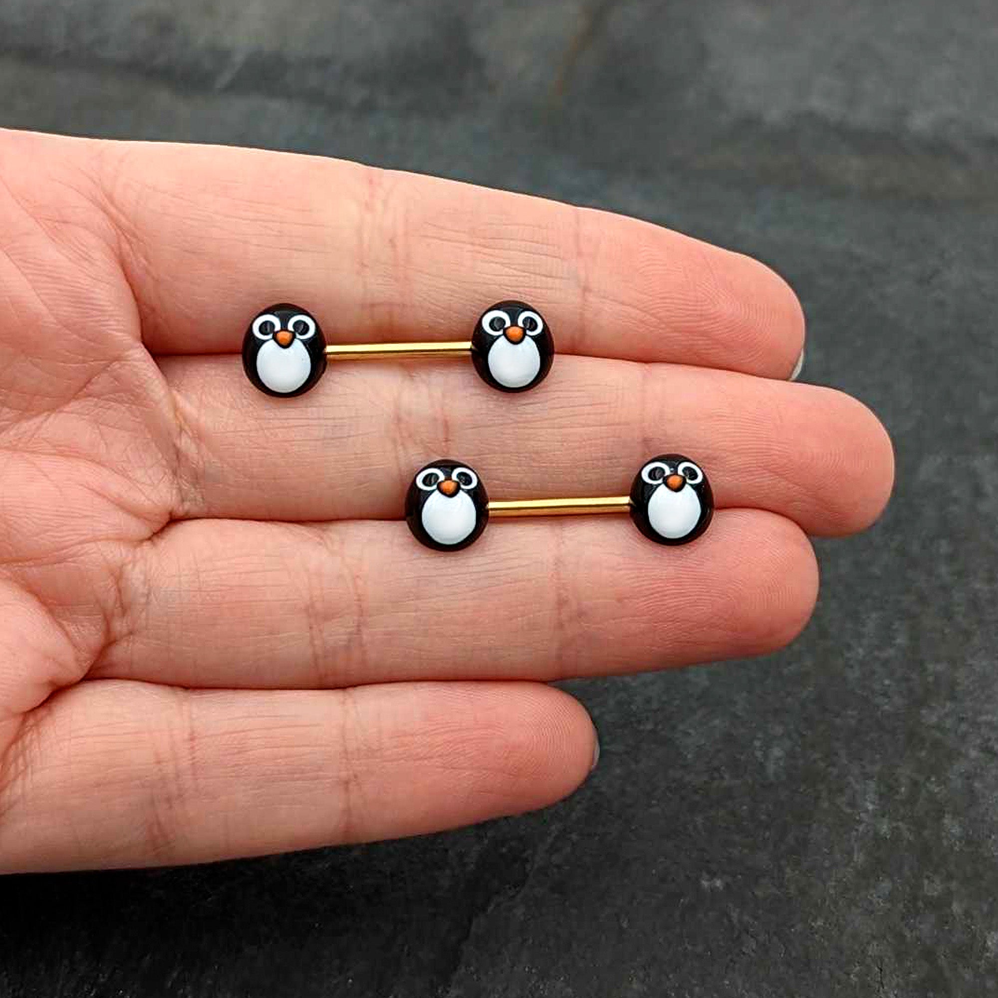 14G 9/16 Gold Tone Round Penguin Face Barbell Nipple Ring Set