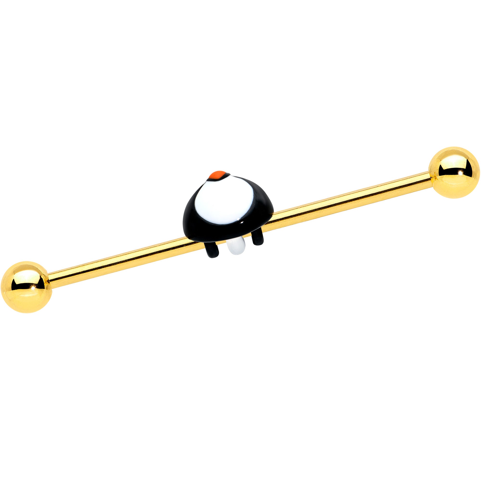 14G Gold Tone Round Penguin Face Holiday Industrial Barbell 38mm