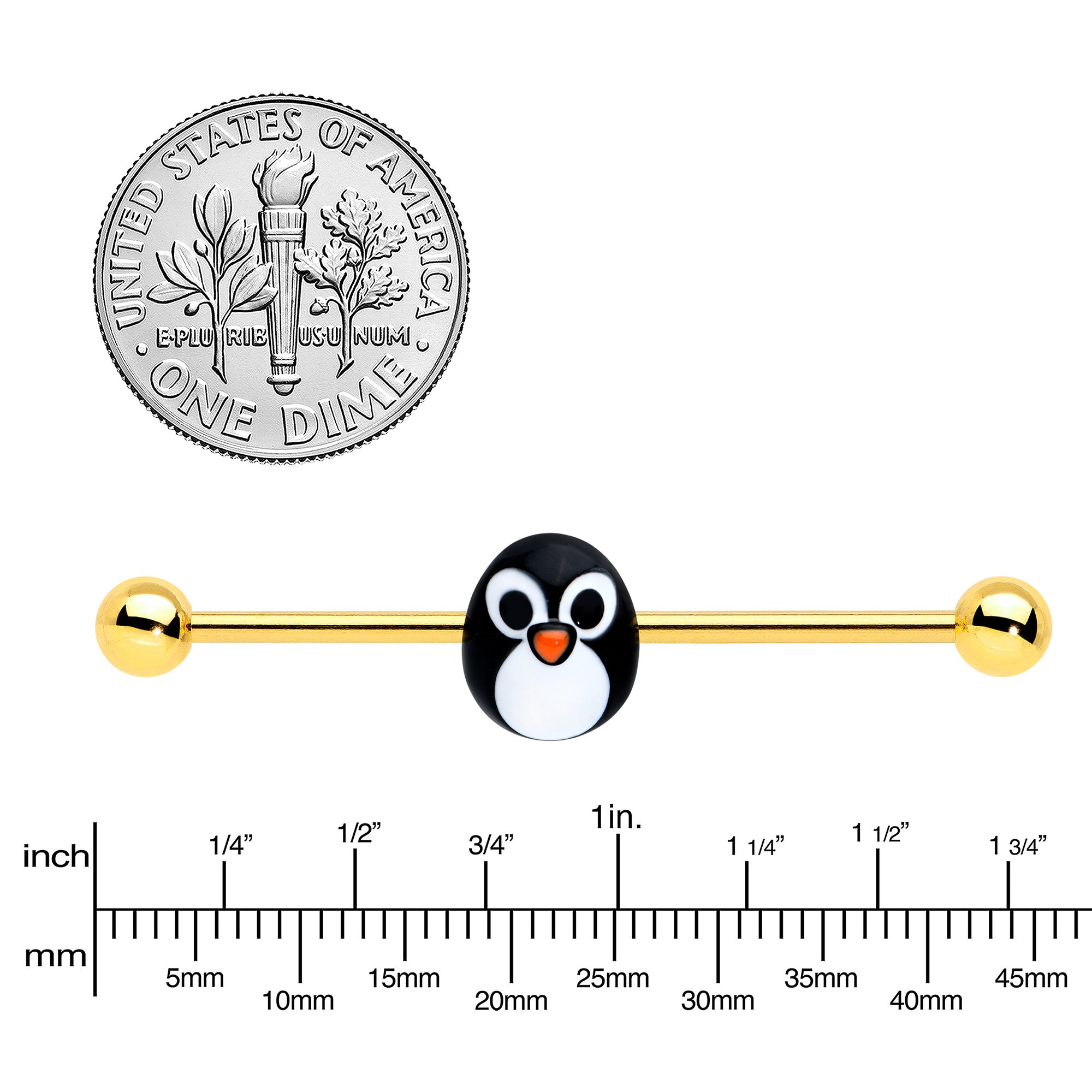 14G Gold Tone Round Penguin Face Holiday Industrial Barbell 38mm
