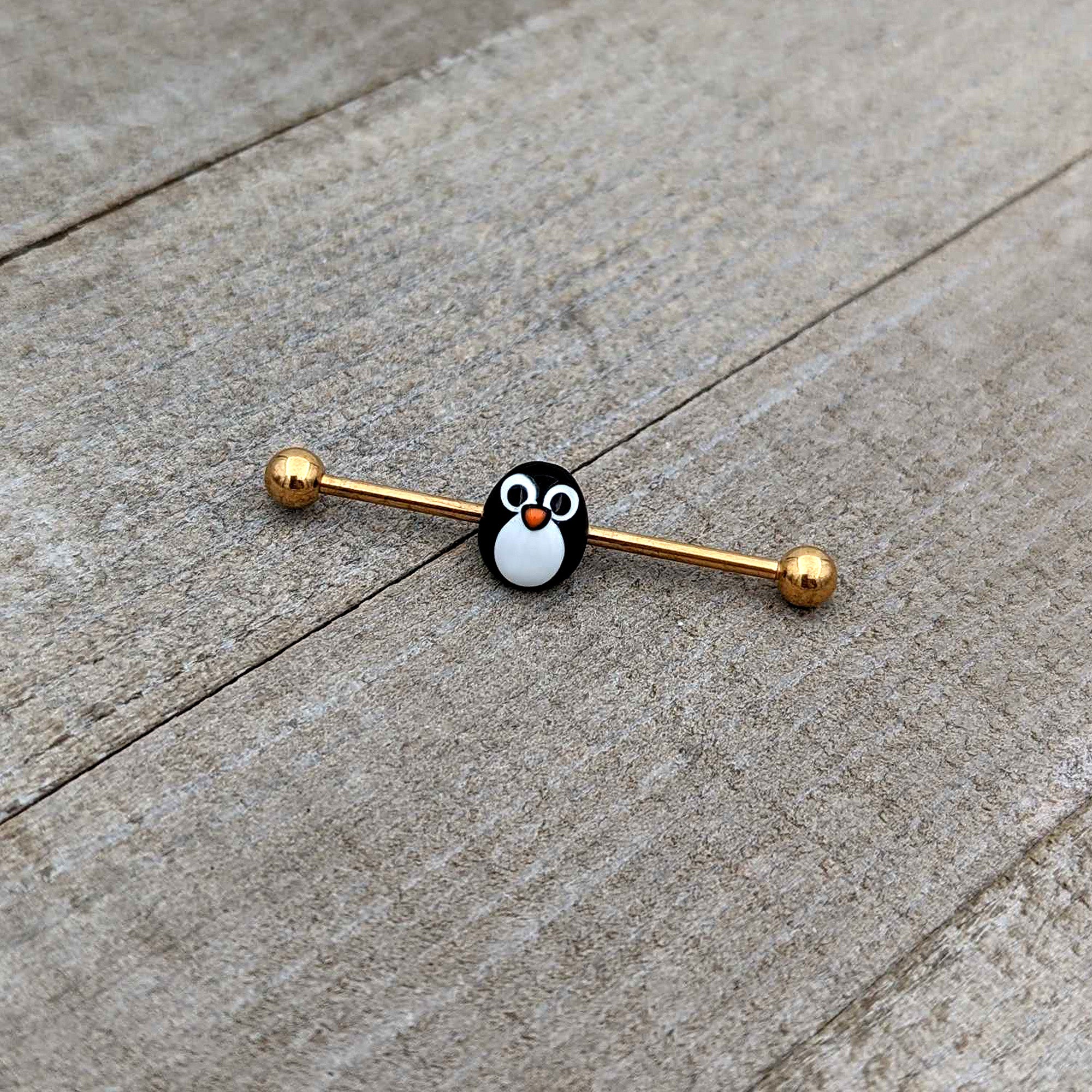 14G Gold Tone Round Penguin Face Holiday Industrial Barbell 38mm