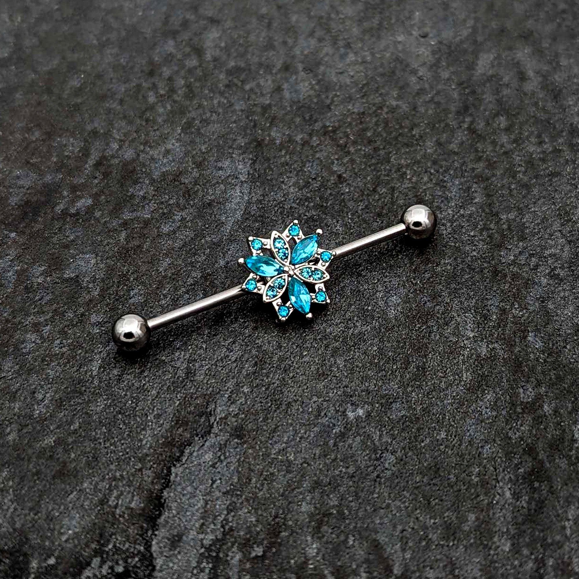 14G Blue CZ Gem Ornate Snowflake Industrial Barbell 38mm