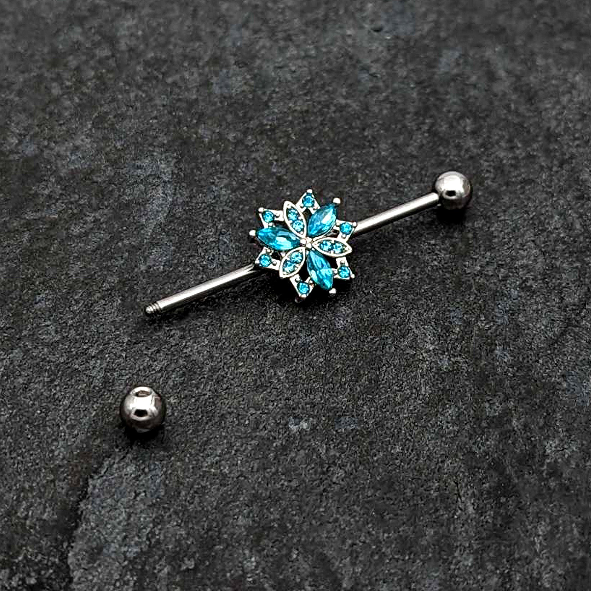 14G Blue CZ Gem Ornate Snowflake Industrial Barbell 38mm