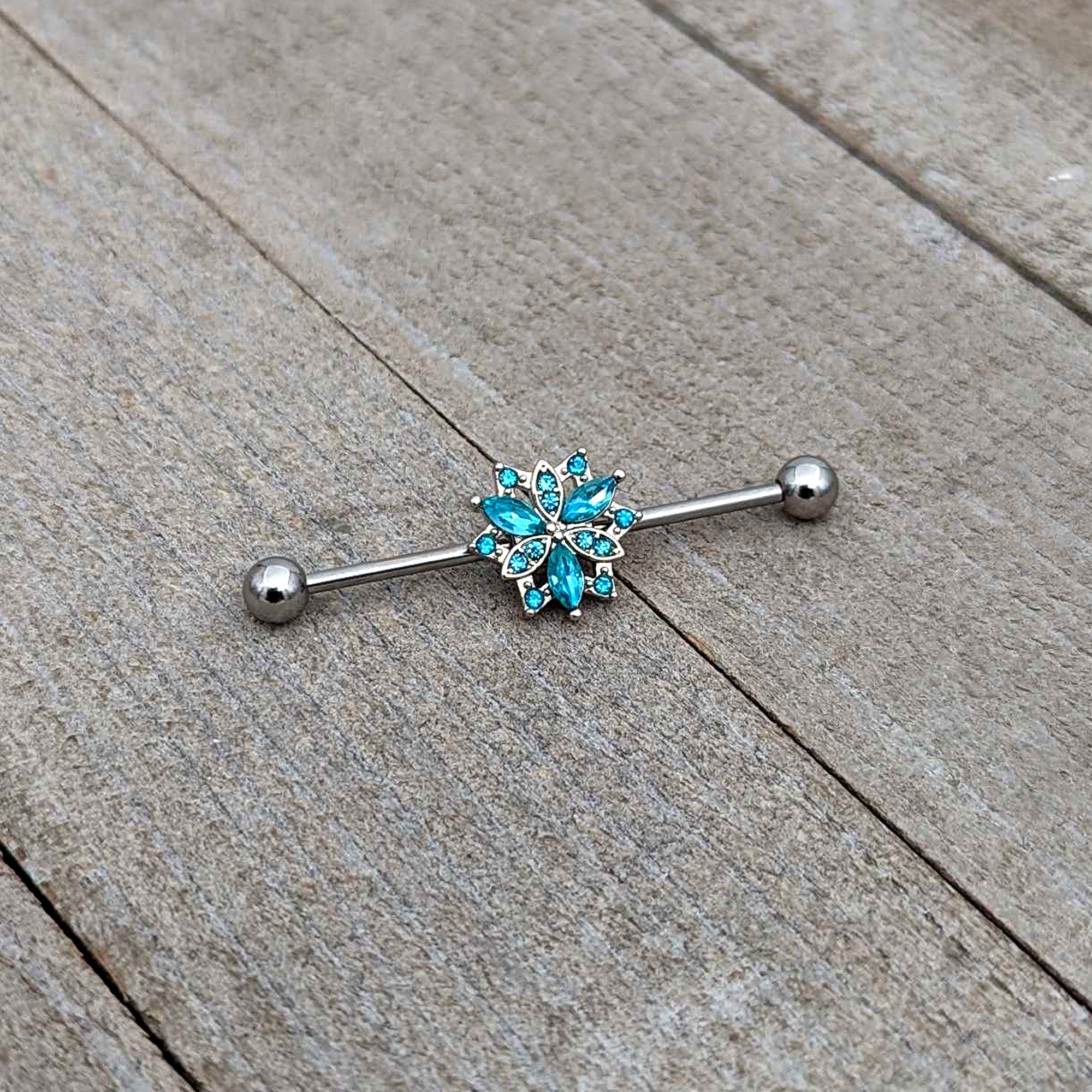 14G Blue CZ Gem Ornate Snowflake Industrial Barbell 38mm