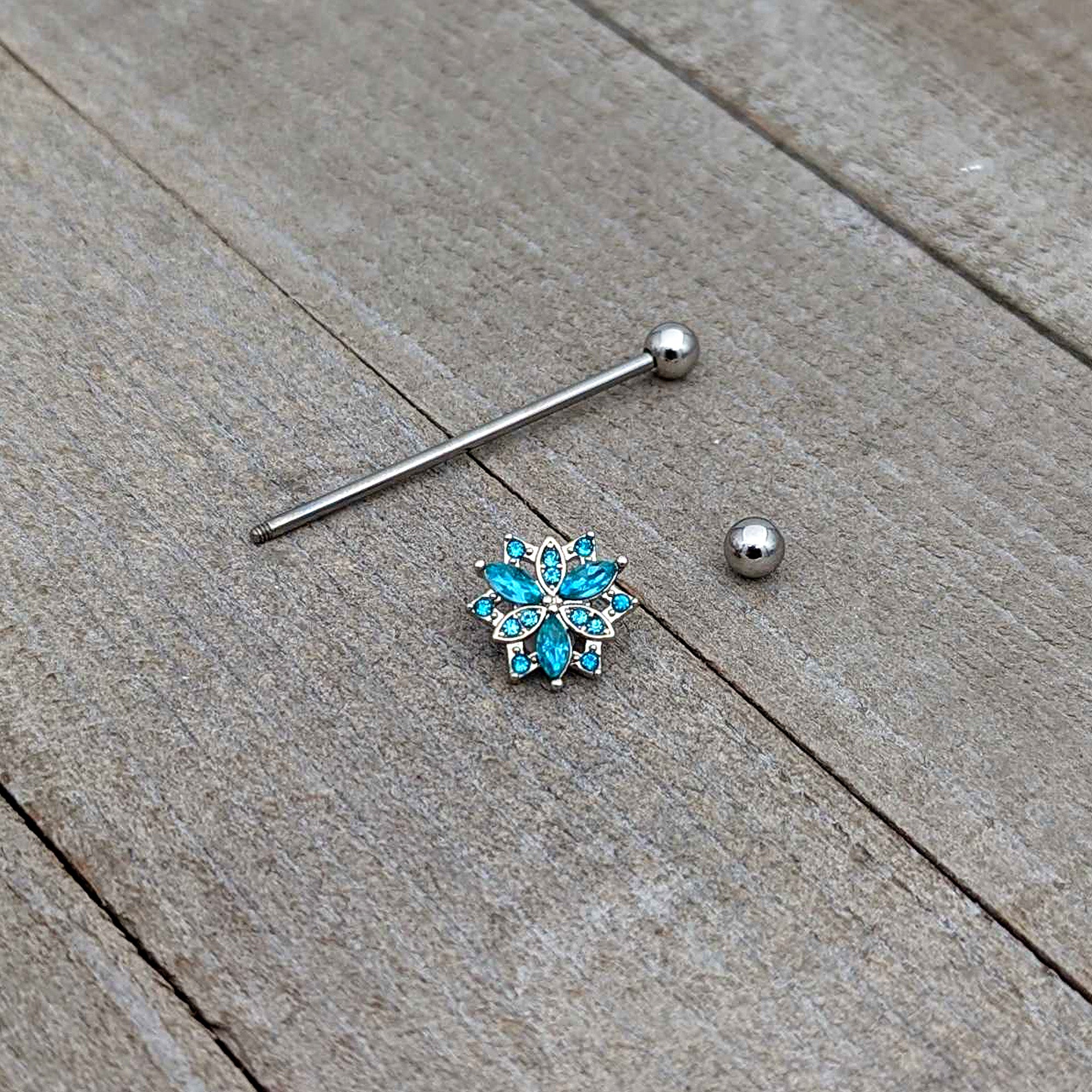 14G Blue CZ Gem Ornate Snowflake Industrial Barbell 38mm