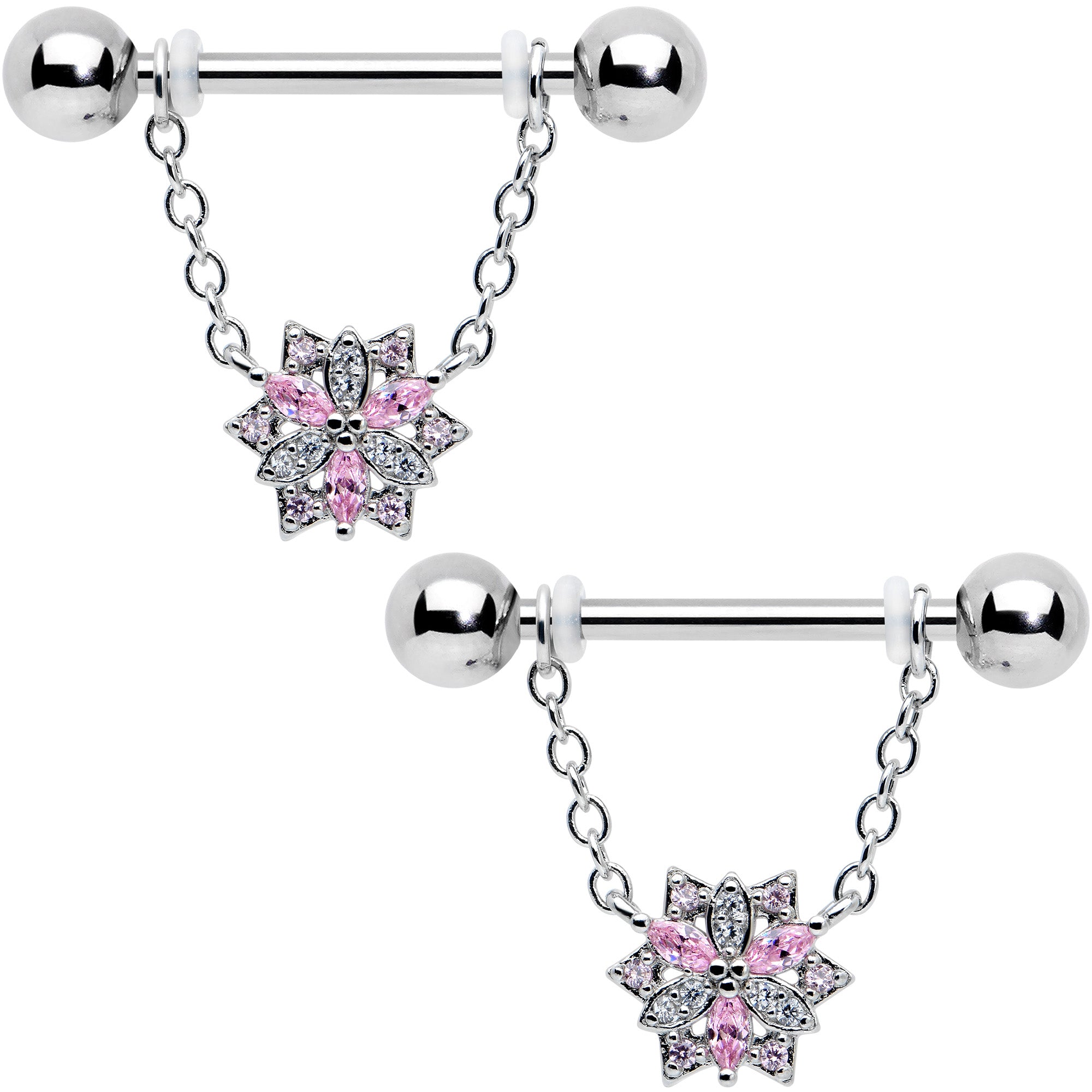 14G 9/16 Pink Clear CZ Gem Snowflake Chain Dangle Nipple Ring Set