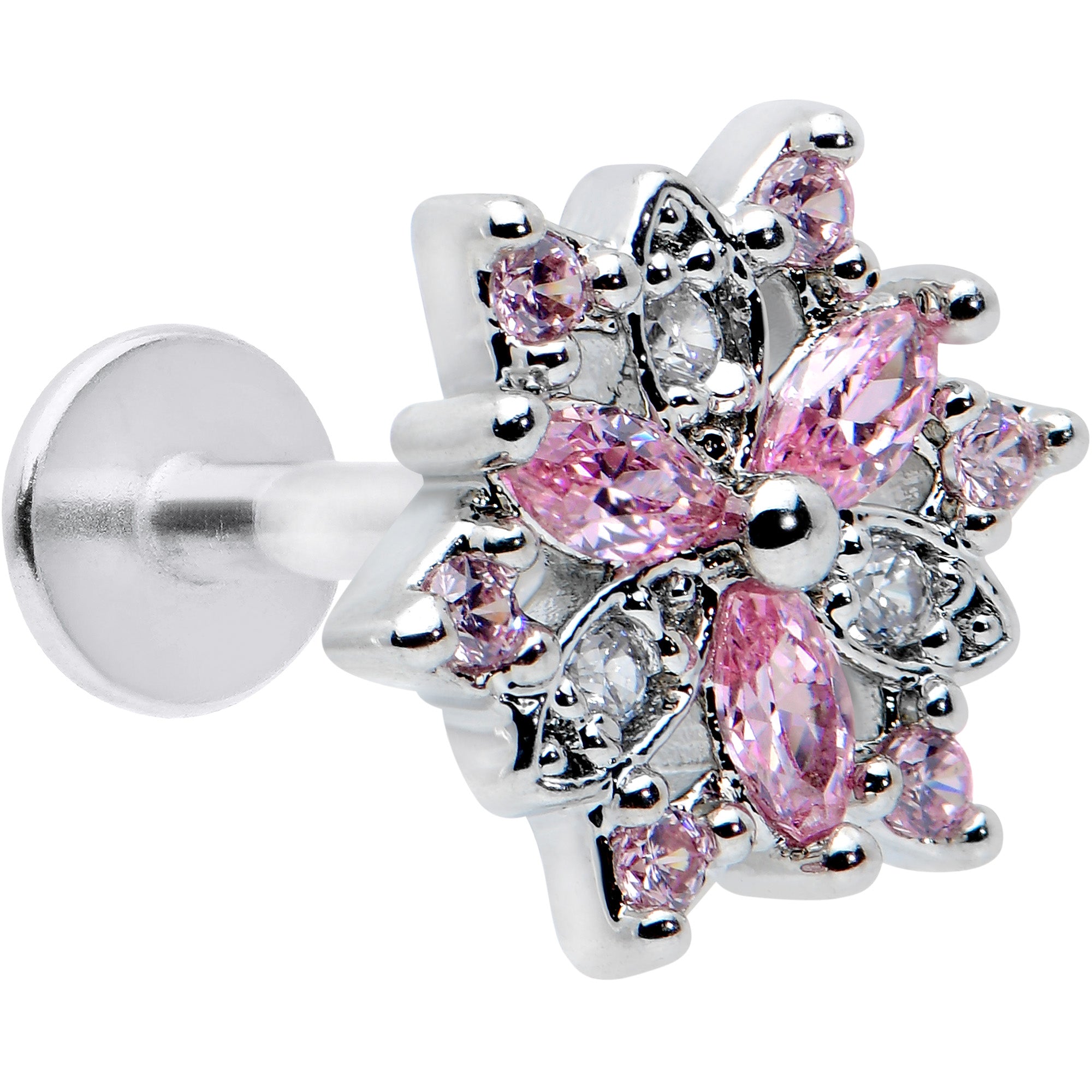 16G 5/16 Pink Clear CZ Gem Snowflake Labret Monroe Tragus