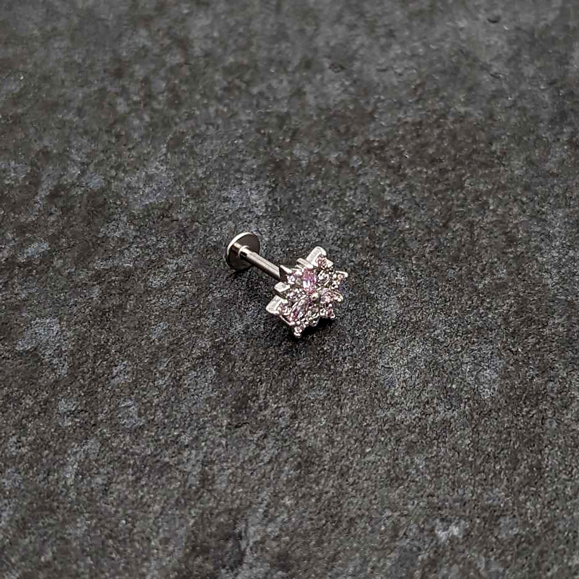 16G 5/16 Pink Clear CZ Gem Snowflake Labret Monroe Tragus
