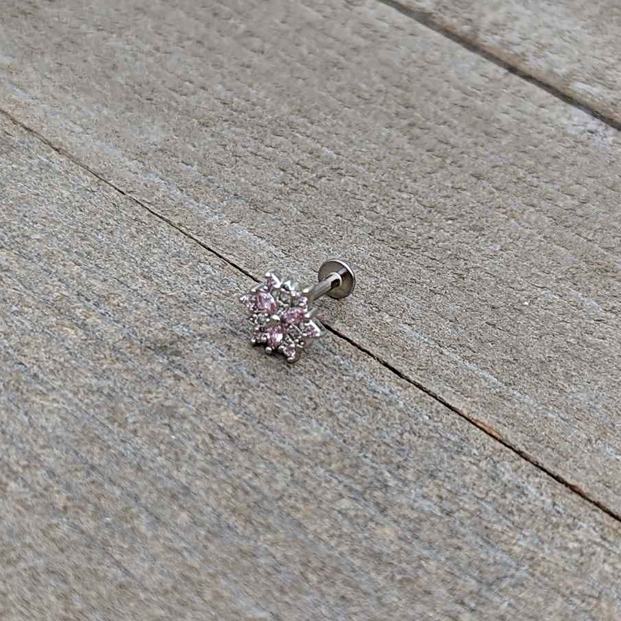 16G 5/16 Pink Clear CZ Gem Snowflake Labret Monroe Tragus