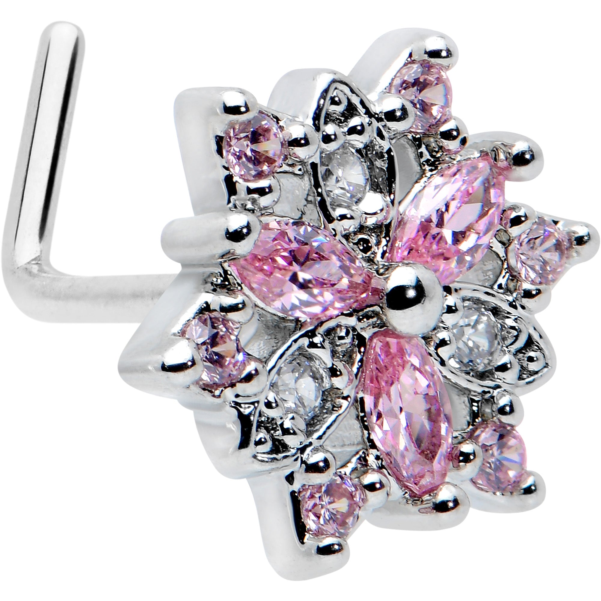20G 7mm Pink Clear CZ Gem Snowflake L Shape Nose Ring