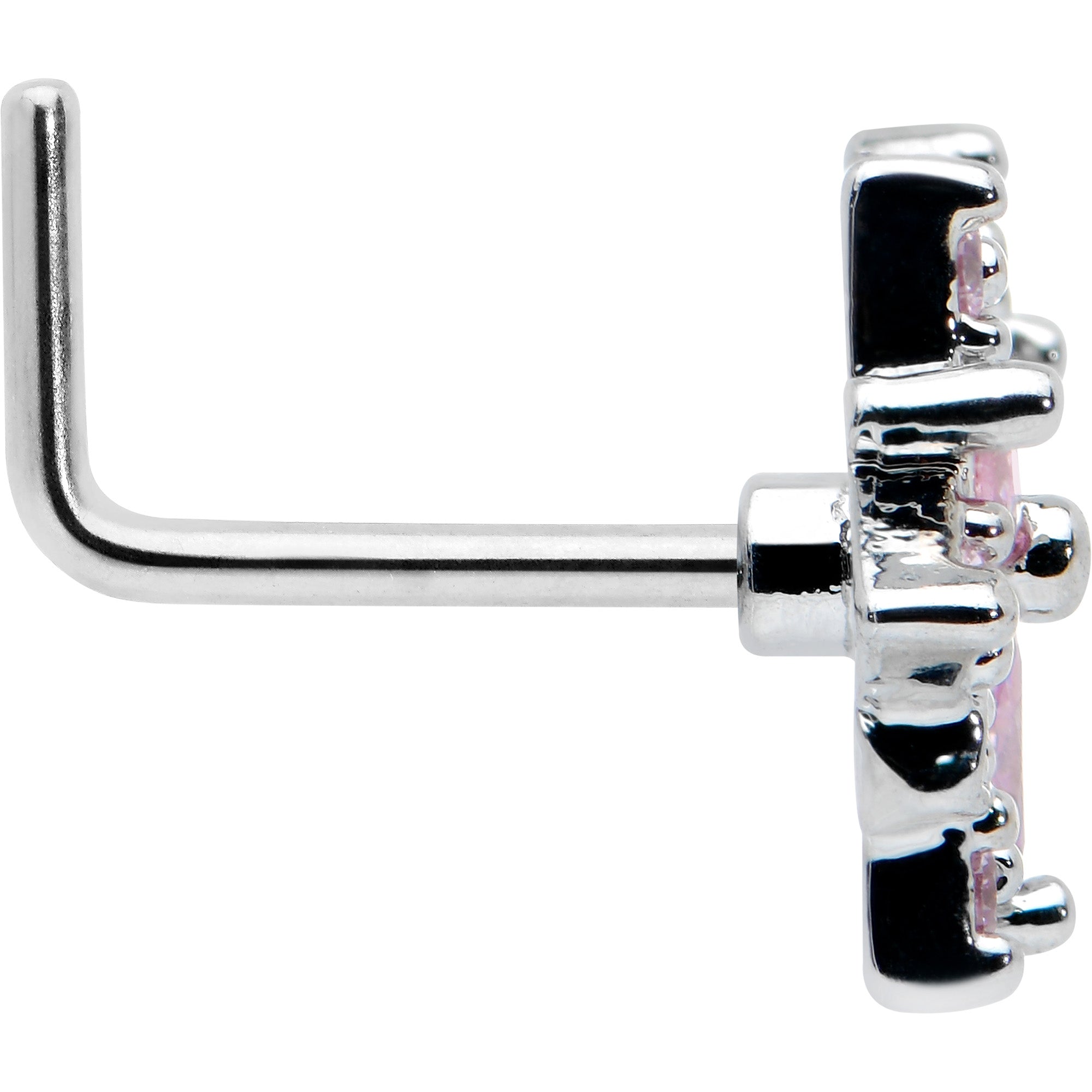 20G 7mm Pink Clear CZ Gem Snowflake L Shape Nose Ring